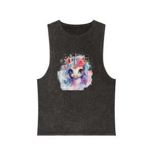 Cute Colorful Magic Unicorn With Flowers Watercolor Style (8) Copia Unisex Stonewash Tank Top