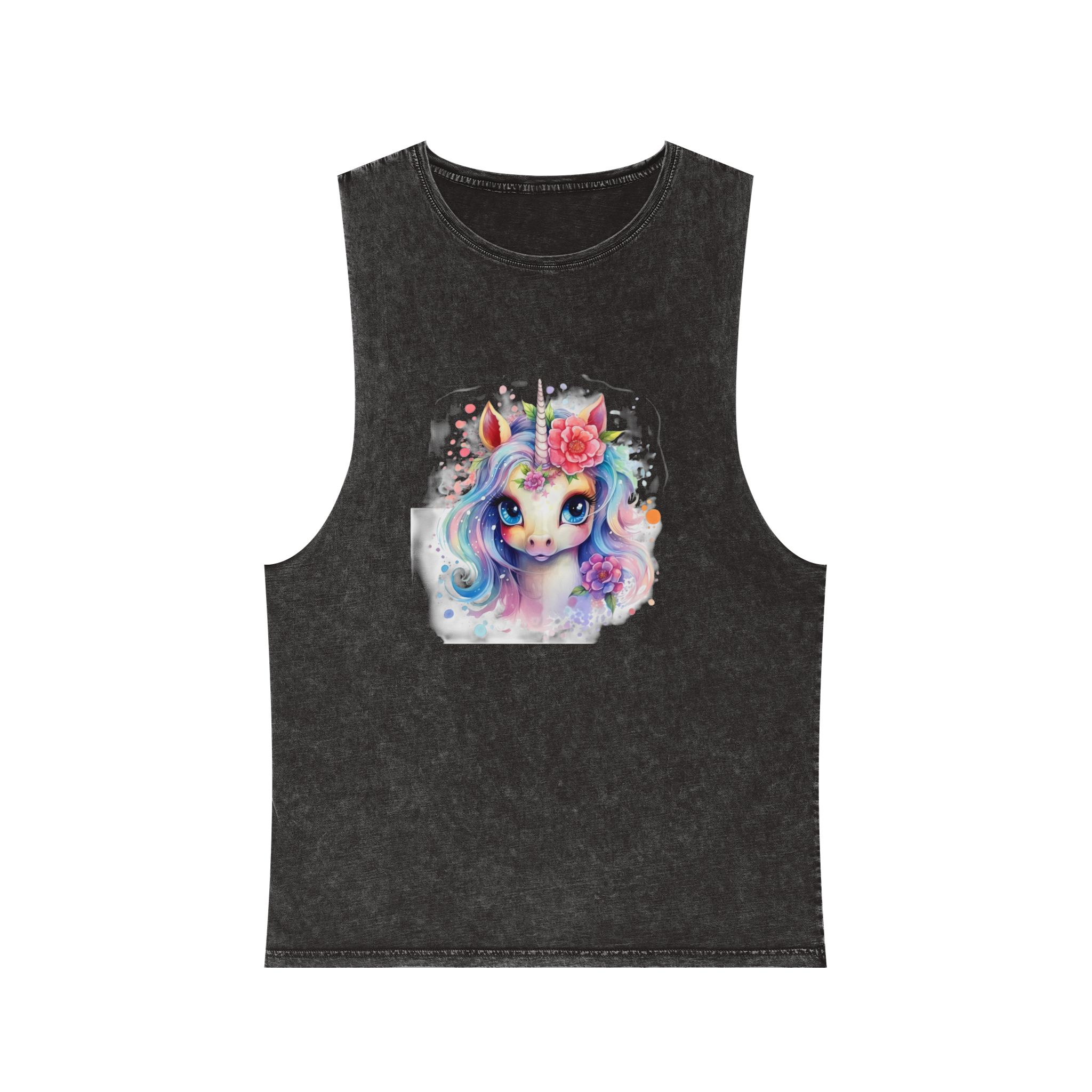 Cute Colorful Magic Unicorn With Flowers Watercolor Style (8) Copia Unisex Stonewash Tank Top