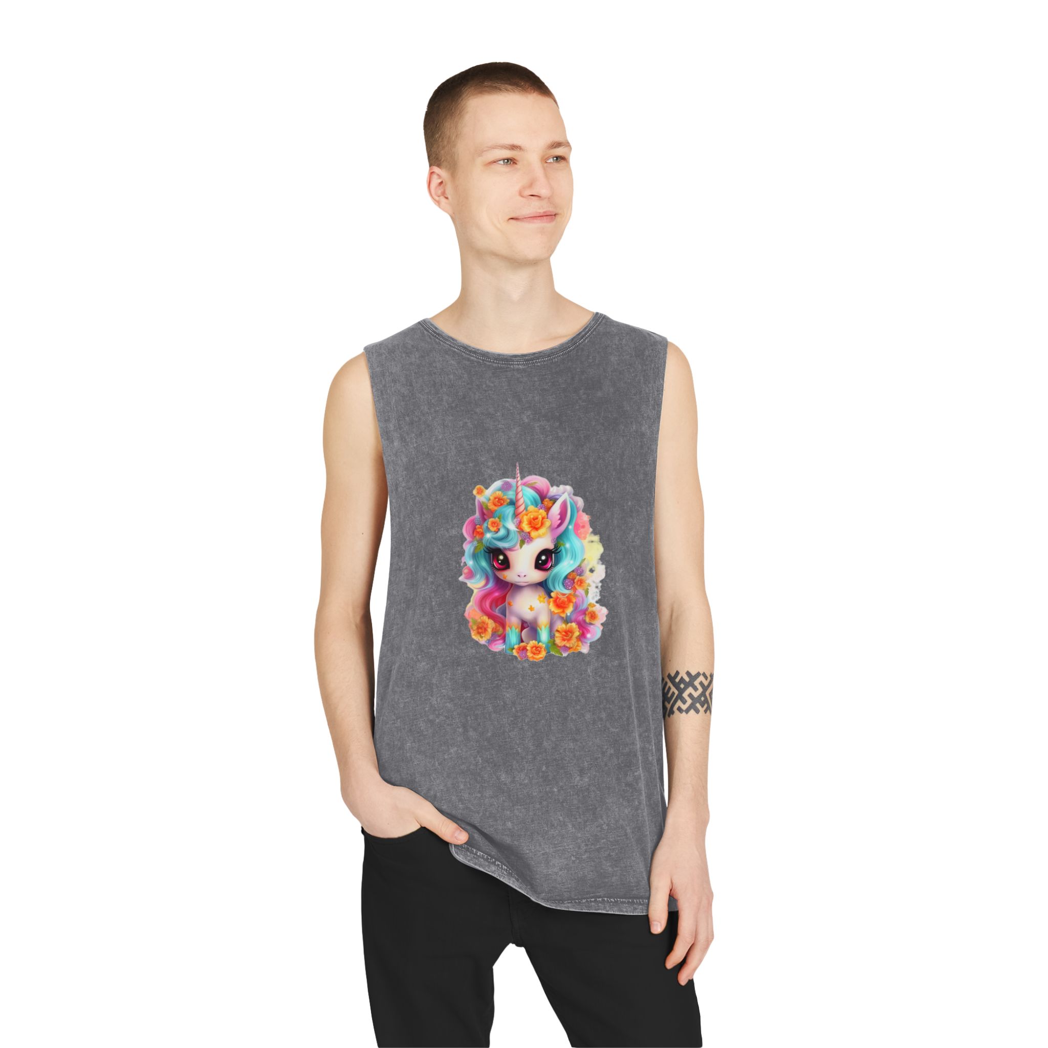 Illustration Unicorn Cartoon With Flower White Background Generative Ai (2) Unisex Stonewash Tank Top - Image 11