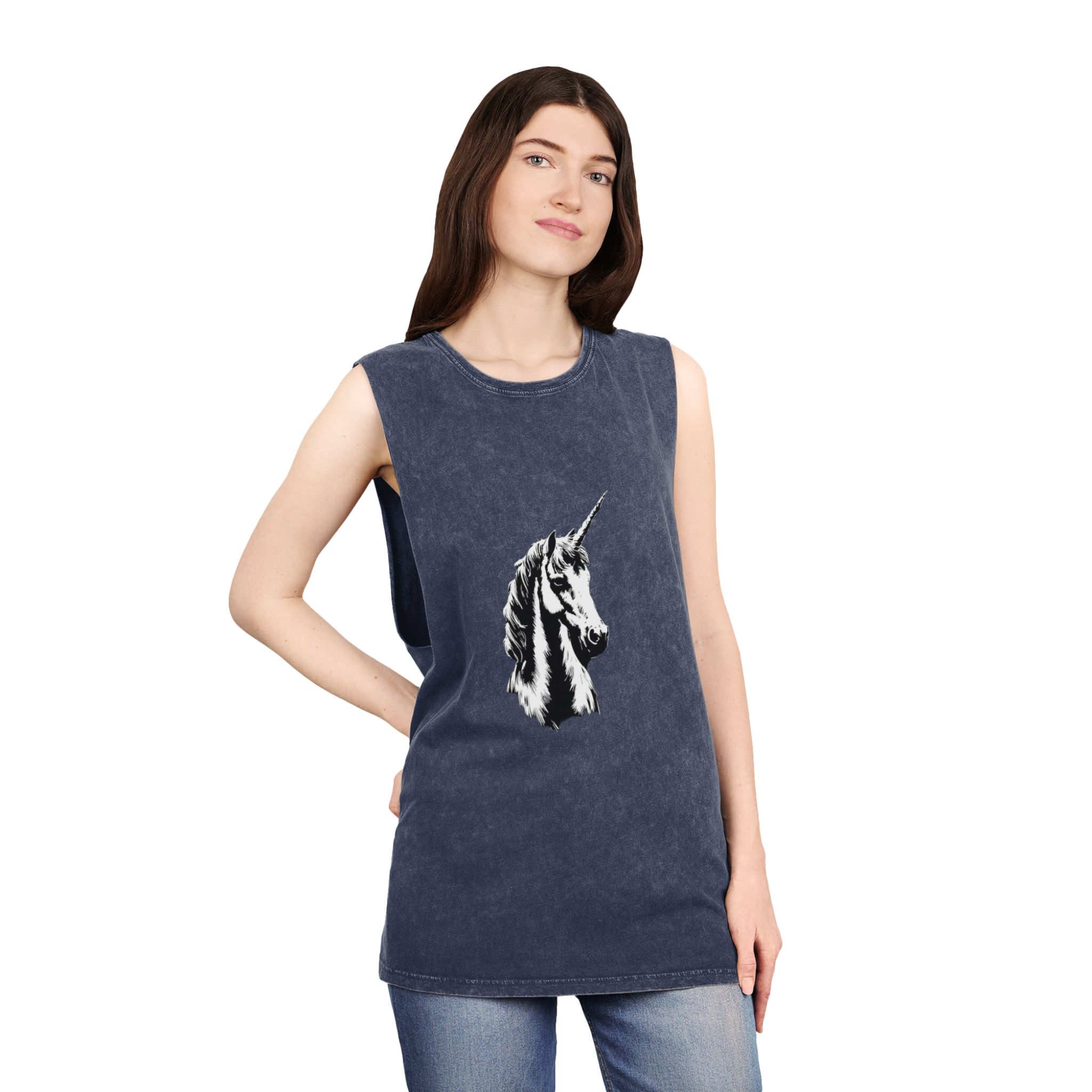 Unicorn Black and White Unisex Stonewash Tank Top - Image 16