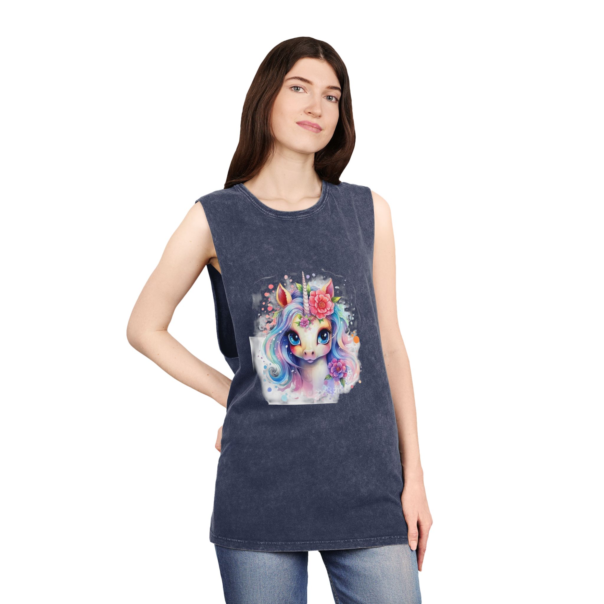 Cute Colorful Magic Unicorn With Flowers Watercolor Style (8) Copia Unisex Stonewash Tank Top - Image 16