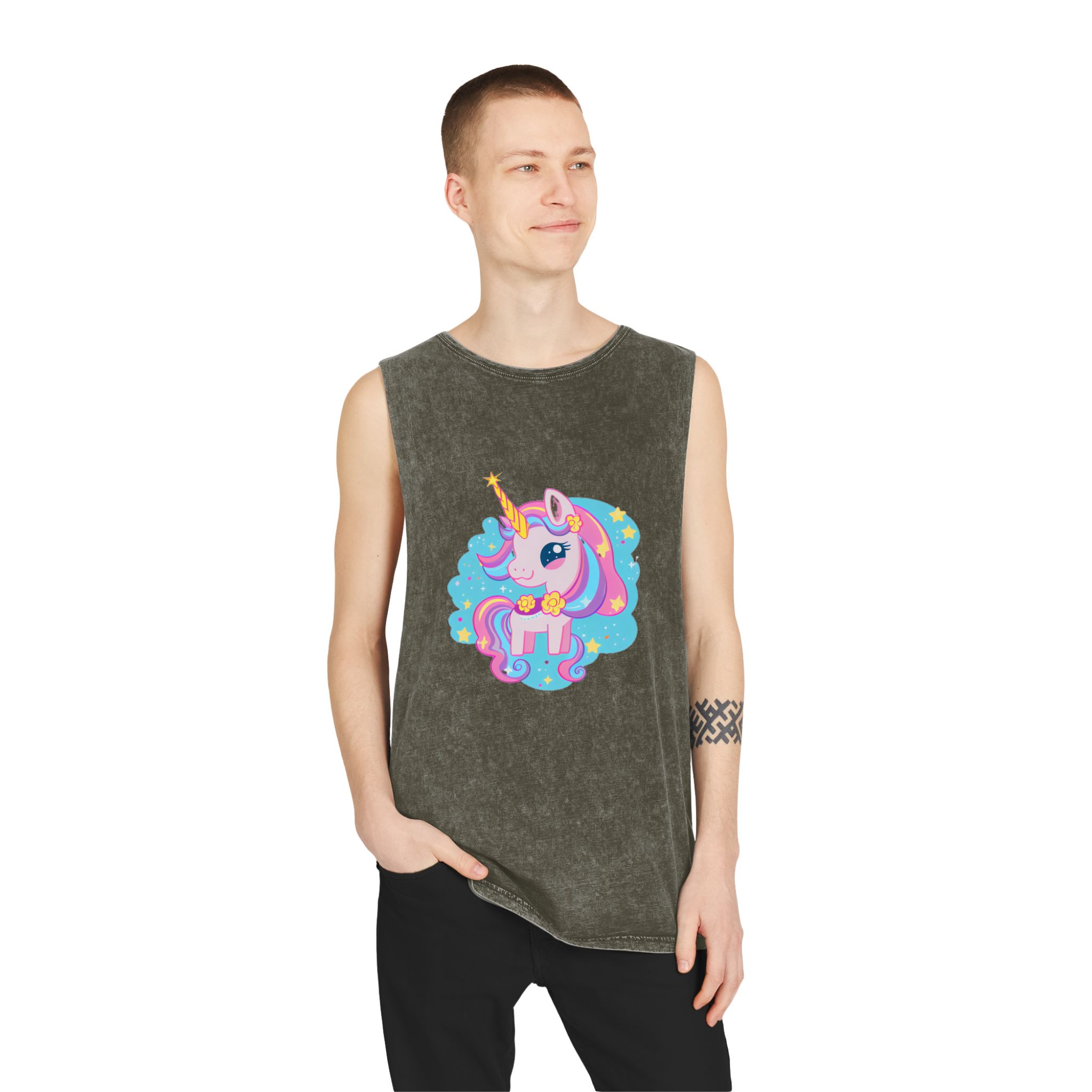 There Is Cartoon Unicorn With Bow Tie Stars Generative Ai Unisex Stonewash Tank Top - Image 7