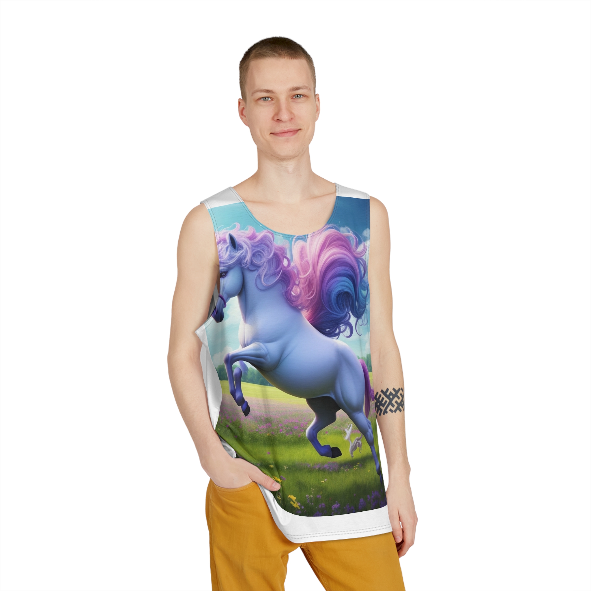 Beautiful Unicorn Running Magical Meadow Unicorn Background Images Whimsical Unicorn (26) Mens Tank Aop - Image 3