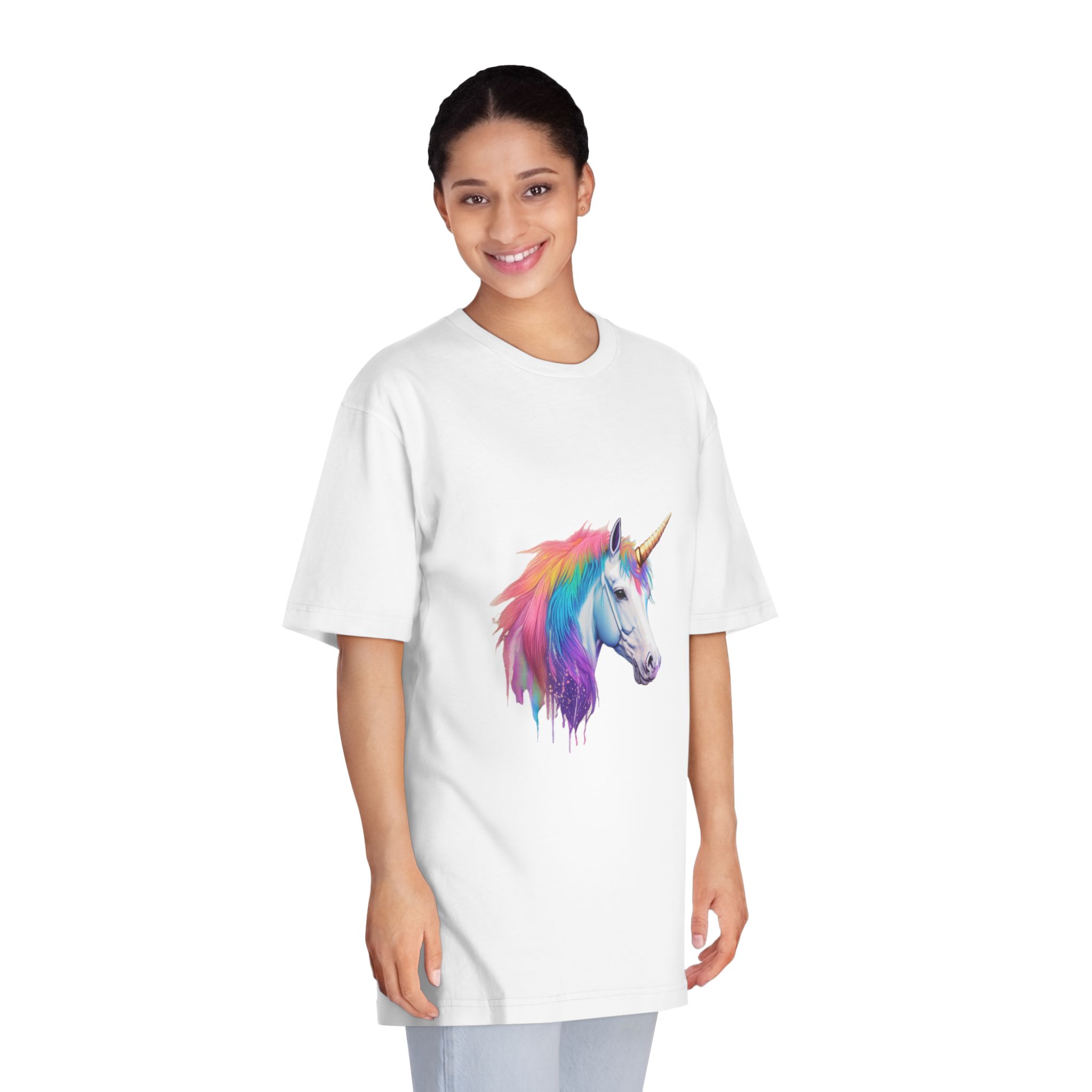 Unicorn Head With Rainbow Mane Horn White Background Unisex Classic Crewneck T Shirt - Image 3