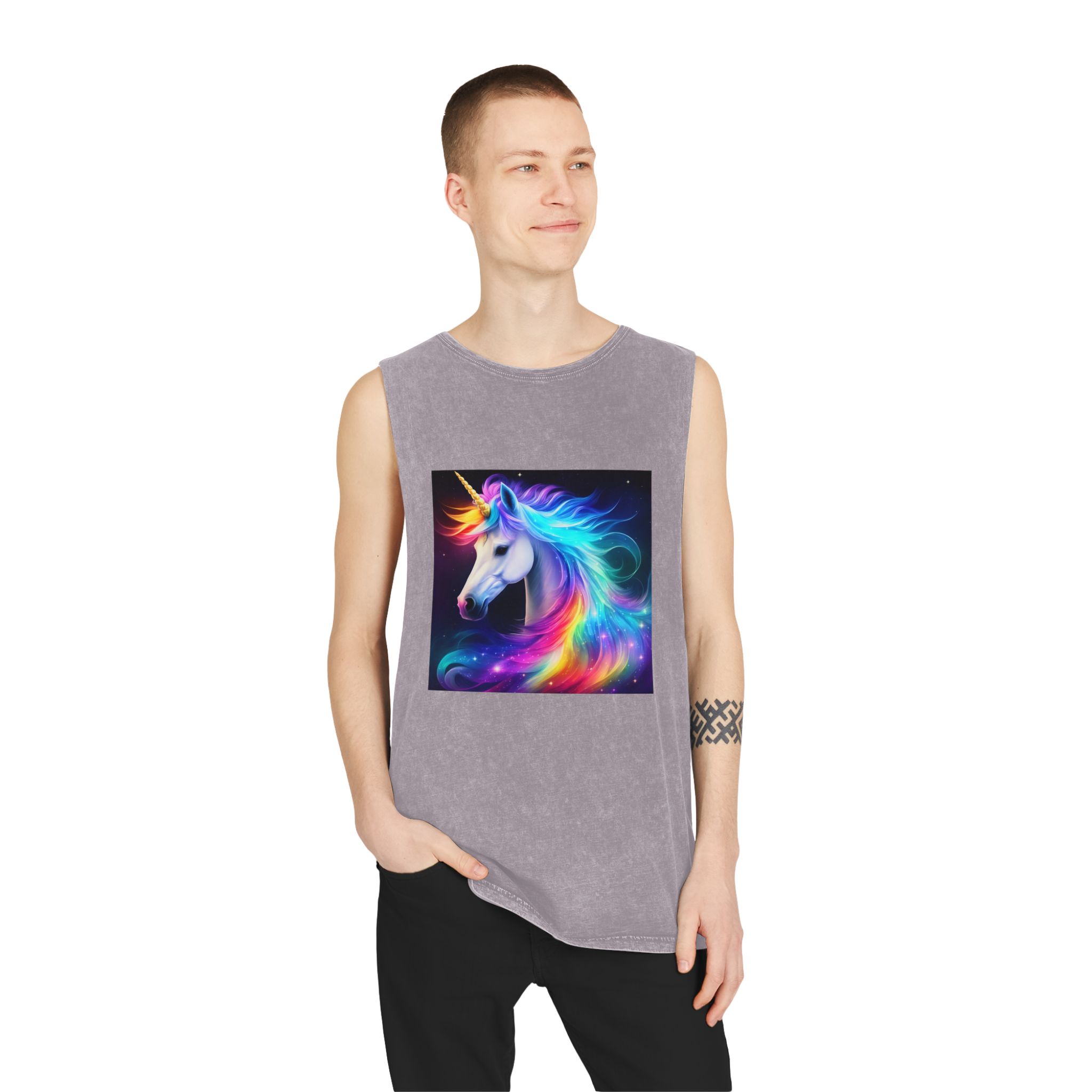 Portrait Unicorn Isolated Stars Background Generative Artificial Intelligence Unisex Stonewash Tank Top - Image 19