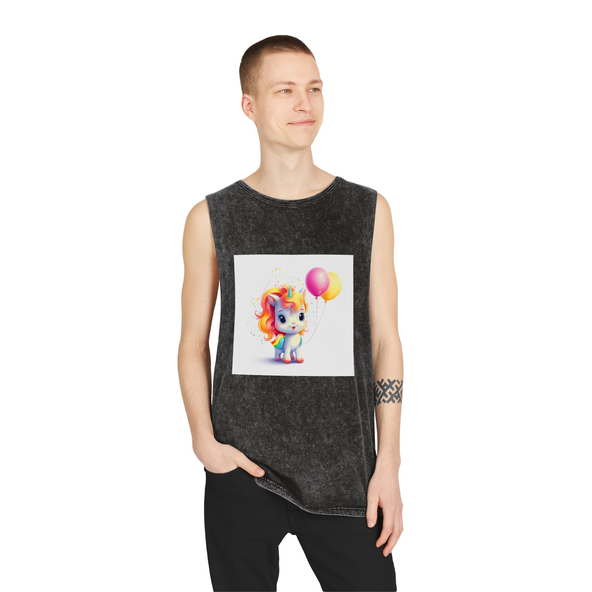 Cartoon Unicorn With Rainbow Mane Balloon Generative Ai (1) Unisex Stonewash Tank Top - Image 3