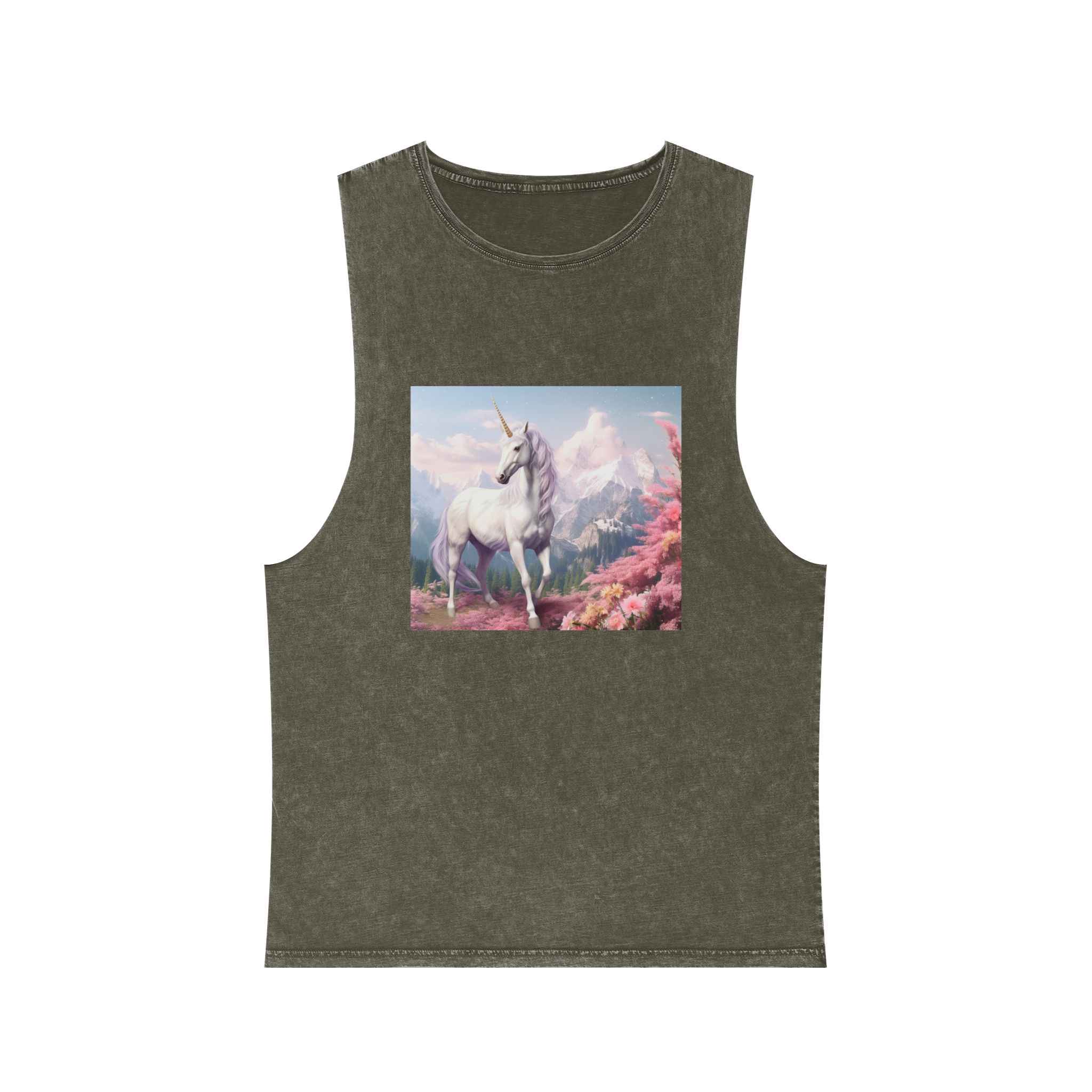 Unicorn Standing Field Flowers With Mountains Background Generative Ai Unisex Stonewash Tank Top - Image 5