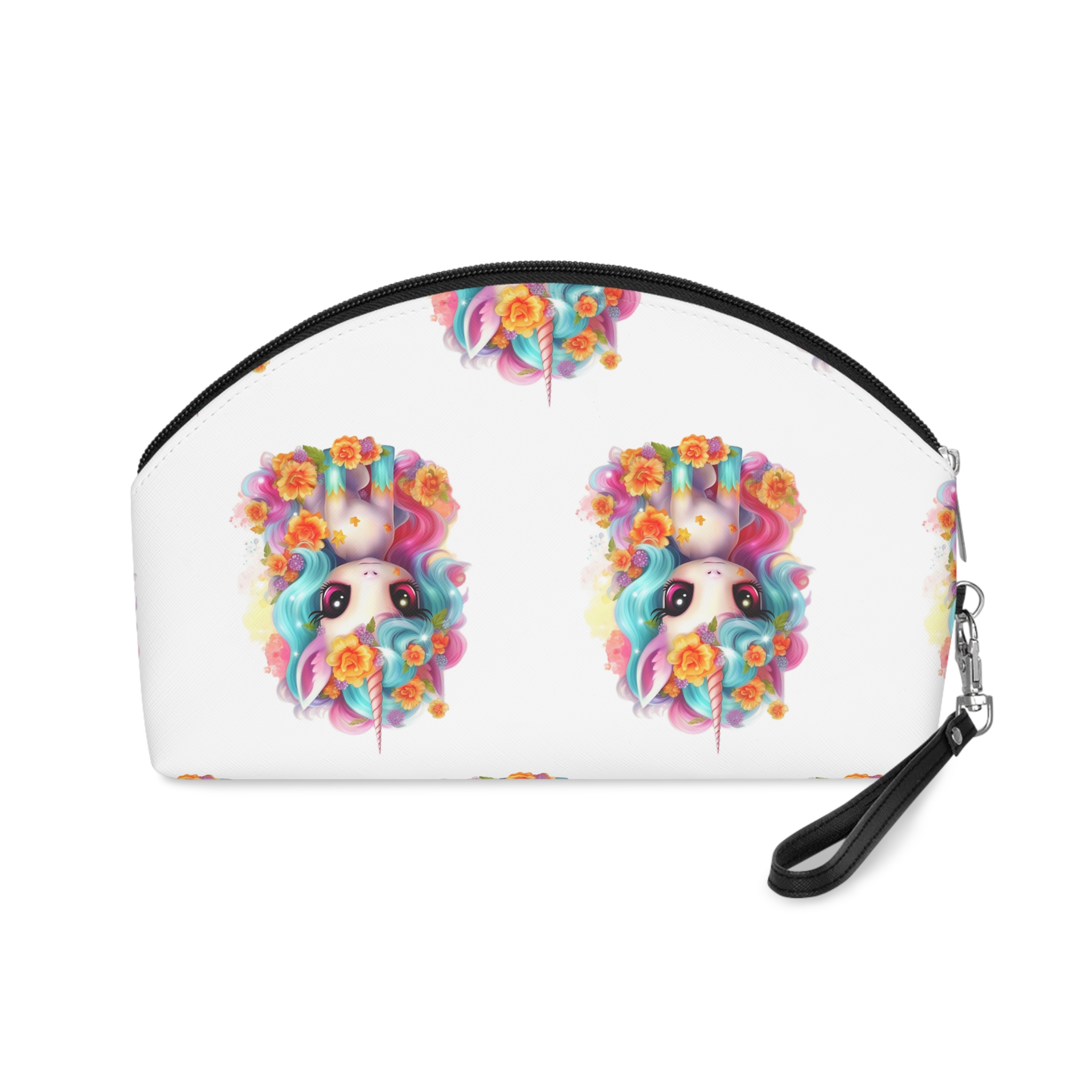 Illustration Unicorn Cartoon With Flower White Background Generative Ai (2) Makeup Bag - Image 2