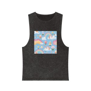 Playful Unicorns Flowers Clouds Rainbows Ice Creams Pastel Background (4) Unisex Stonewash Tank Top