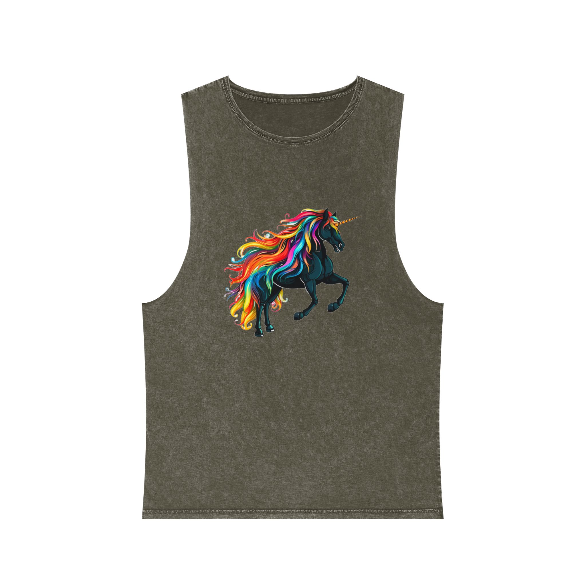 Close Up Black Unicorn With Rainbow Mane Generative Ai Unisex Stonewash Tank Top - Image 5