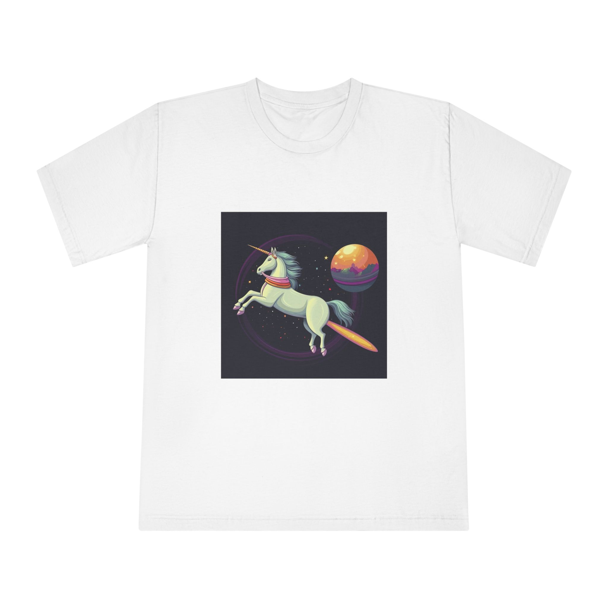 Unicorn With Long Tail Is Flying Through Circle With Moon Stars Unisex Classic Crewneck T Shirt