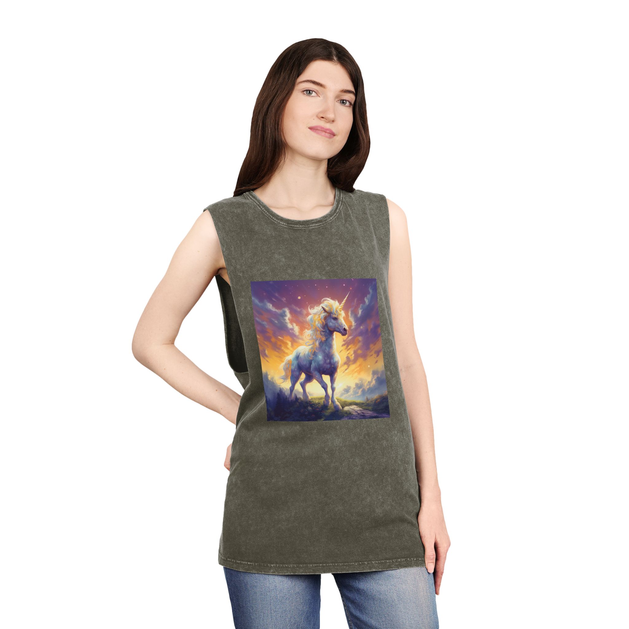 Painting Unicorn Standing Hill With Sunset Background Generative Ai (1) Unisex Stonewash Tank Top - Image 8