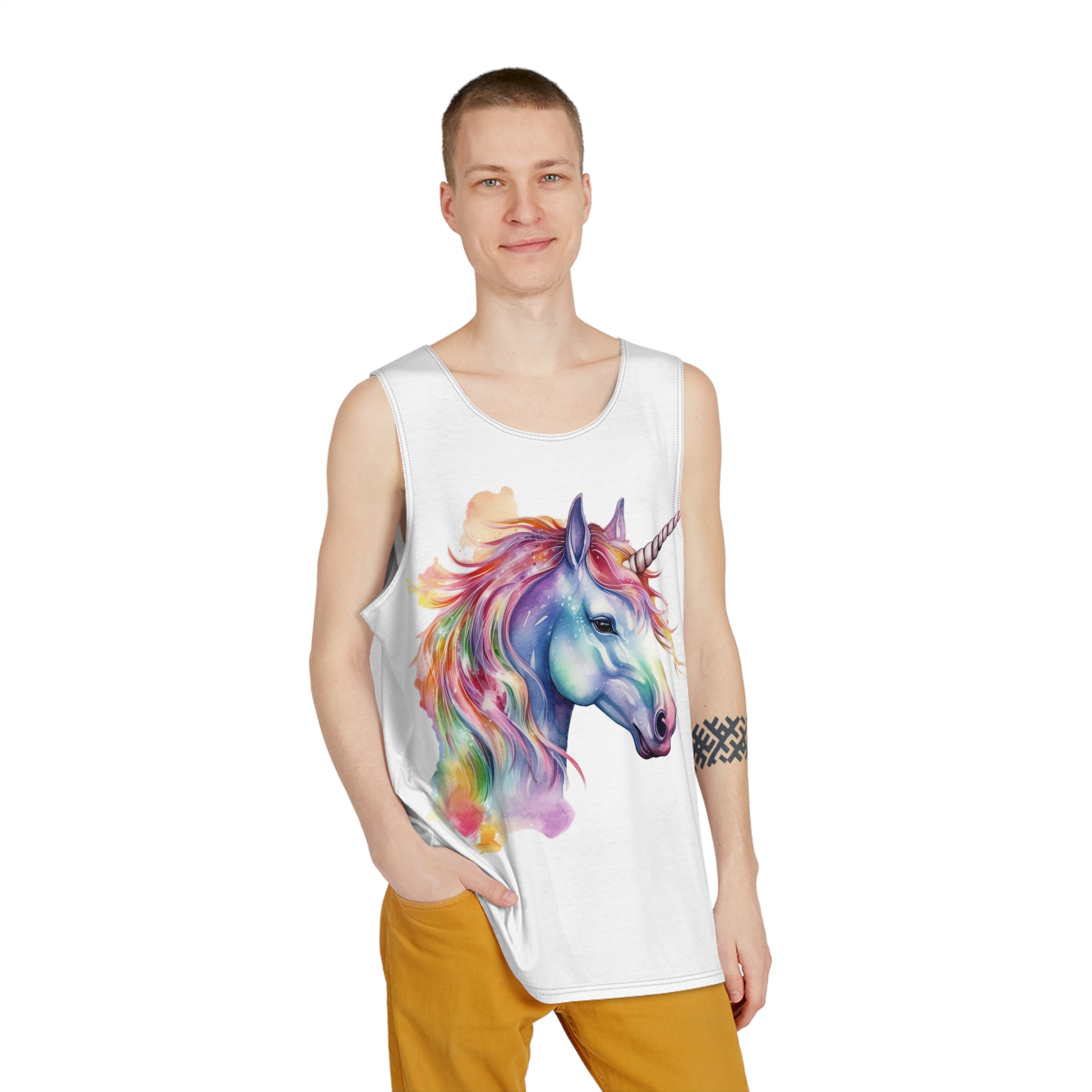 Unicorn Portrait Watercolor Illustration Rainbow Animal Watercolor Character Isolated White Mens Tank Aop - Image 3