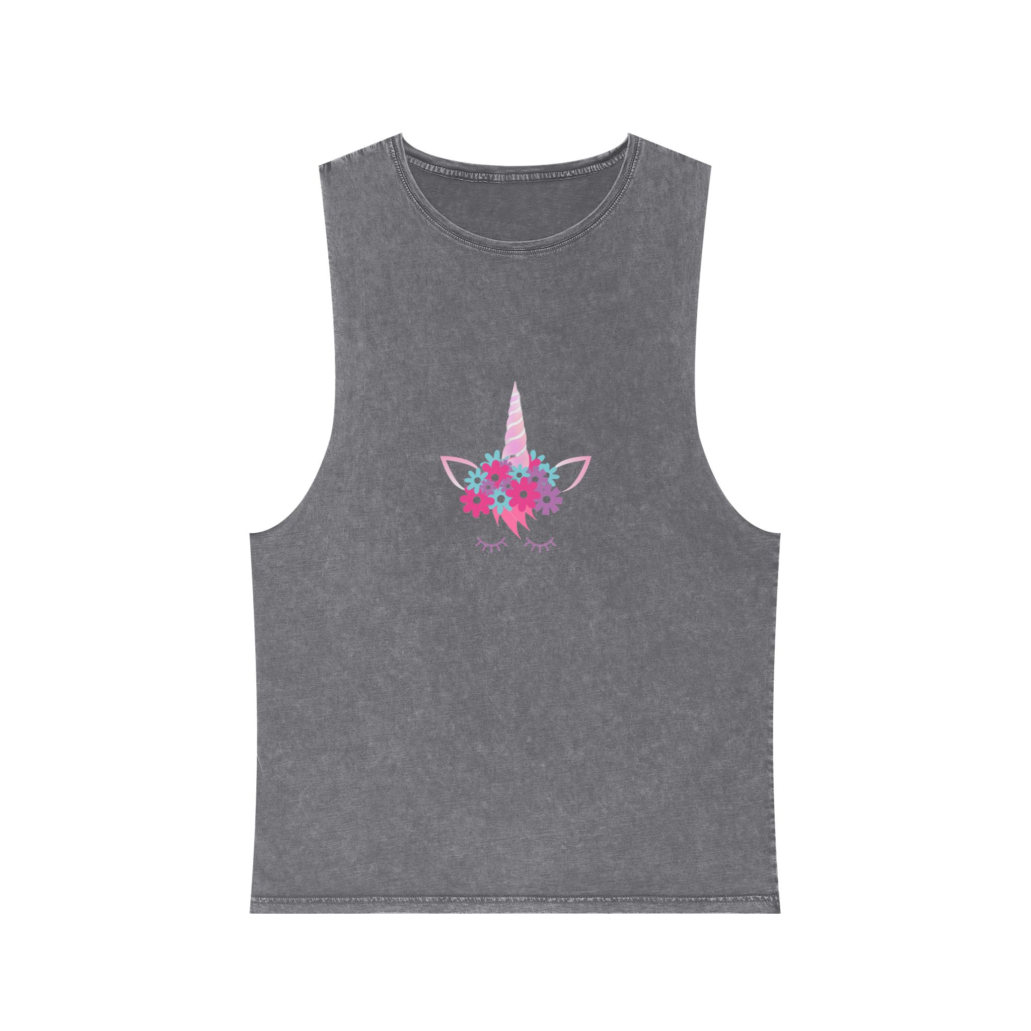 Unicorn Face Flowers Pink Unisex Stonewash Tank Top - Image 9