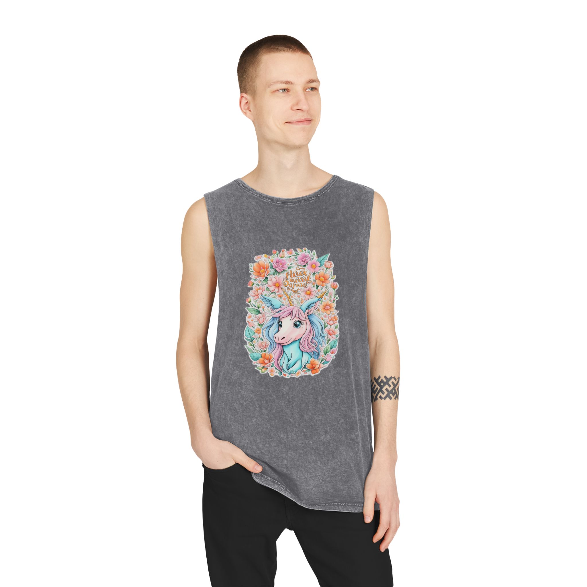 Beautiful Cute Unicorn With Colorful Fantasy Flowers (1) Unisex Stonewash Tank Top - Image 11