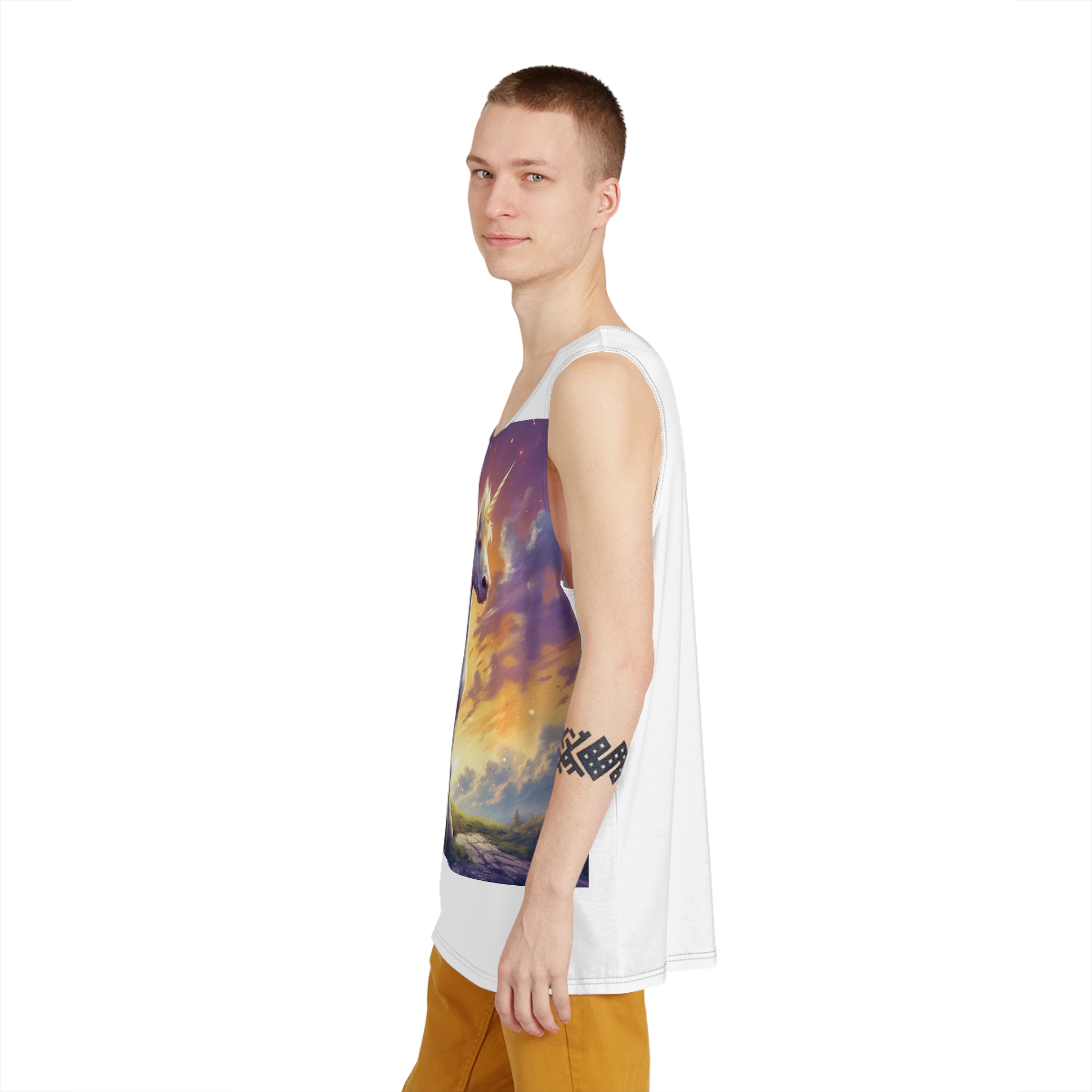 Painting Unicorn Standing Hill With Sunset Background Generative Ai Mens Tank Aop