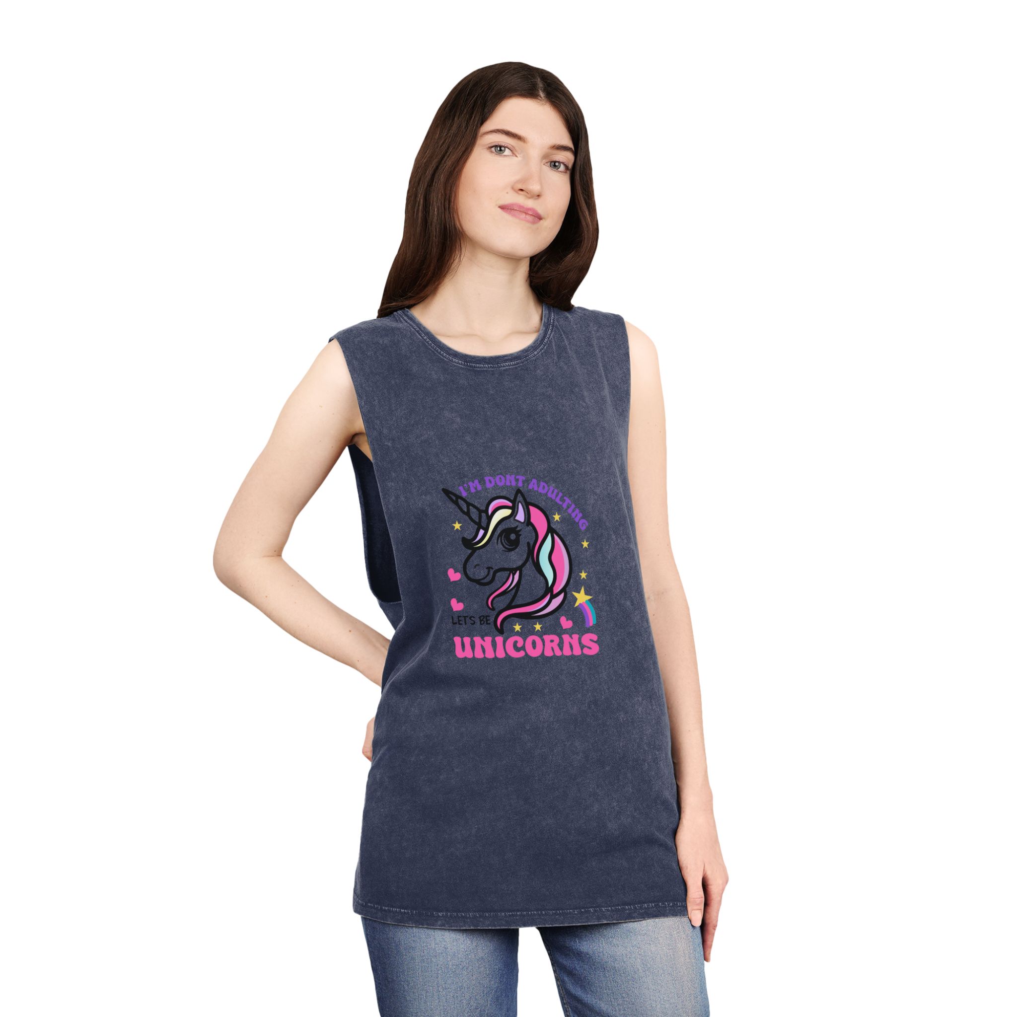 Cute Unicorn Illustration With Rainbow Stars Hearts Unisex Stonewash Tank Top - Image 16
