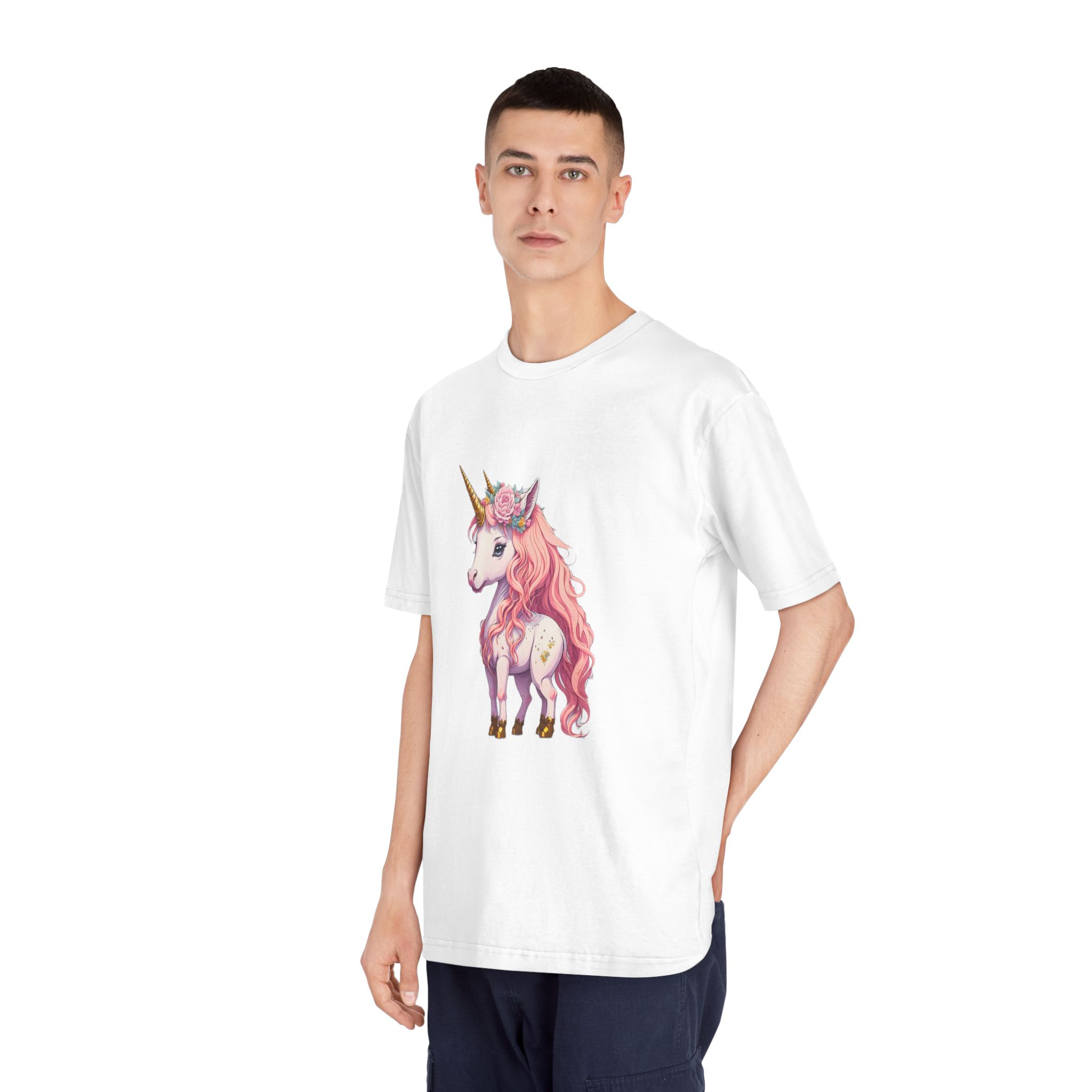 Pink Baby Unicorn Cartoon With Gold Horn Generative Ai Unisex Classic Crewneck T Shirt - Image 4