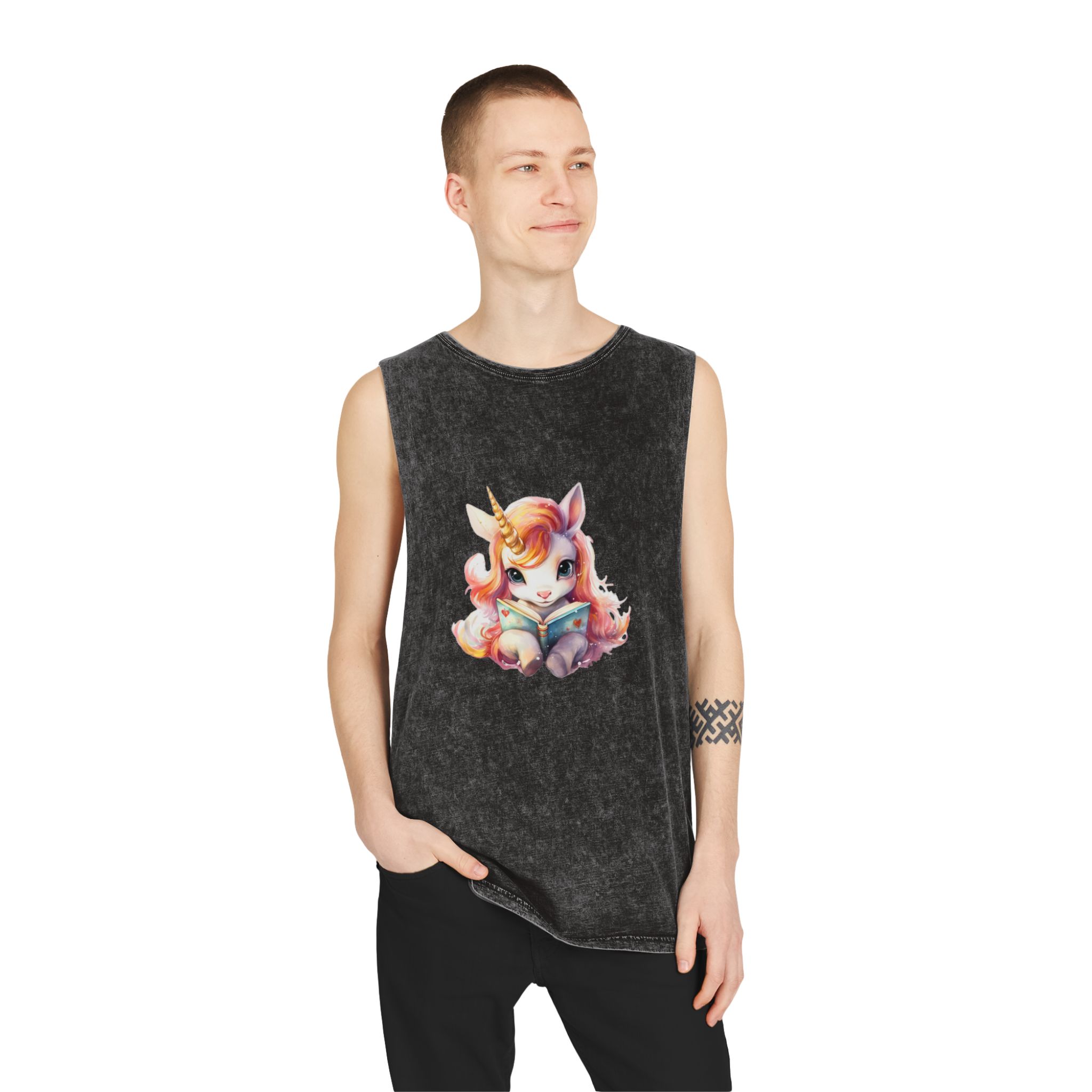 Unicorn Reading Book With Unicorn Horn Her Head Generative Ai Unisex Stonewash Tank Top - Image 3