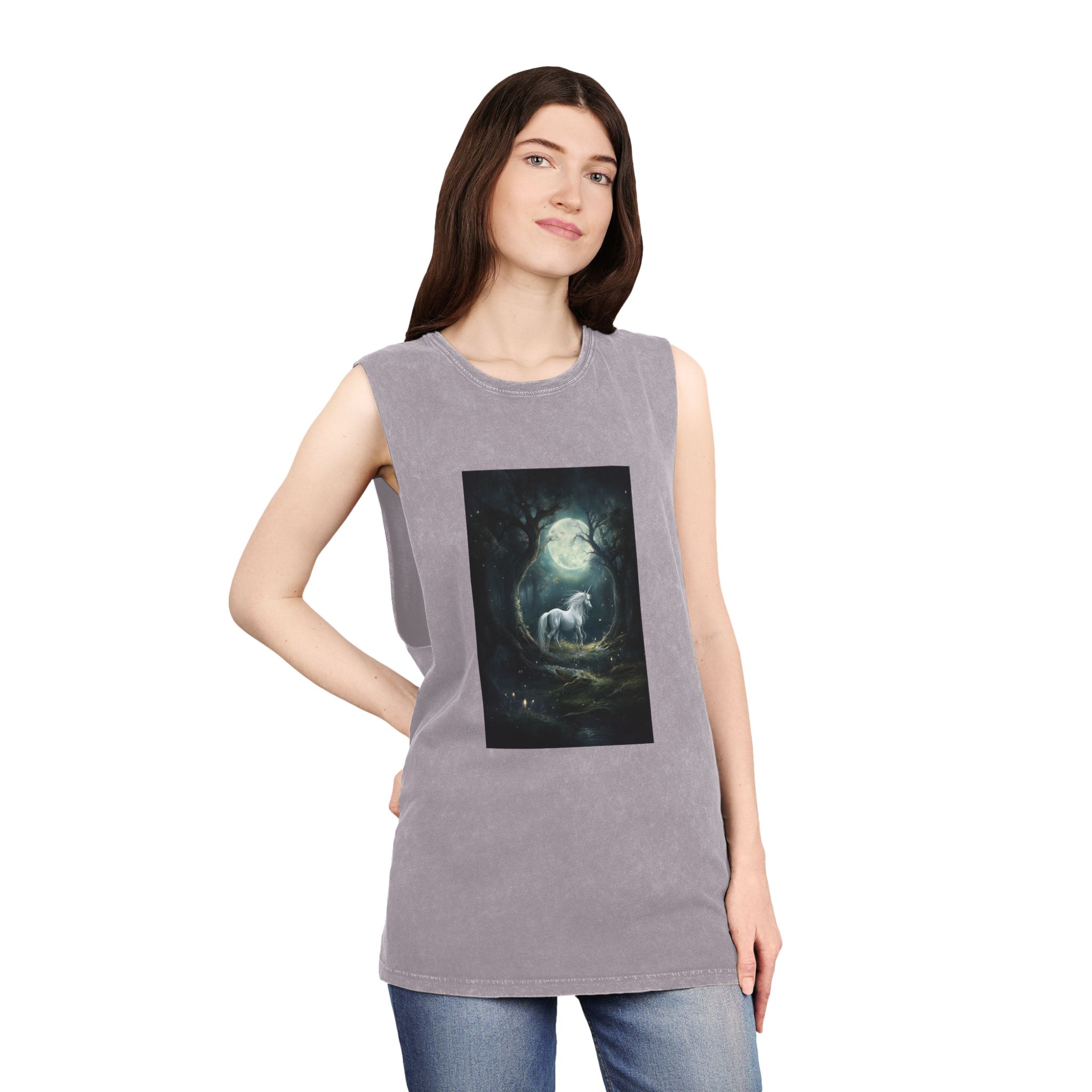 Unicorn Forest With Full Moon Background Unisex Stonewash Tank Top - Image 20