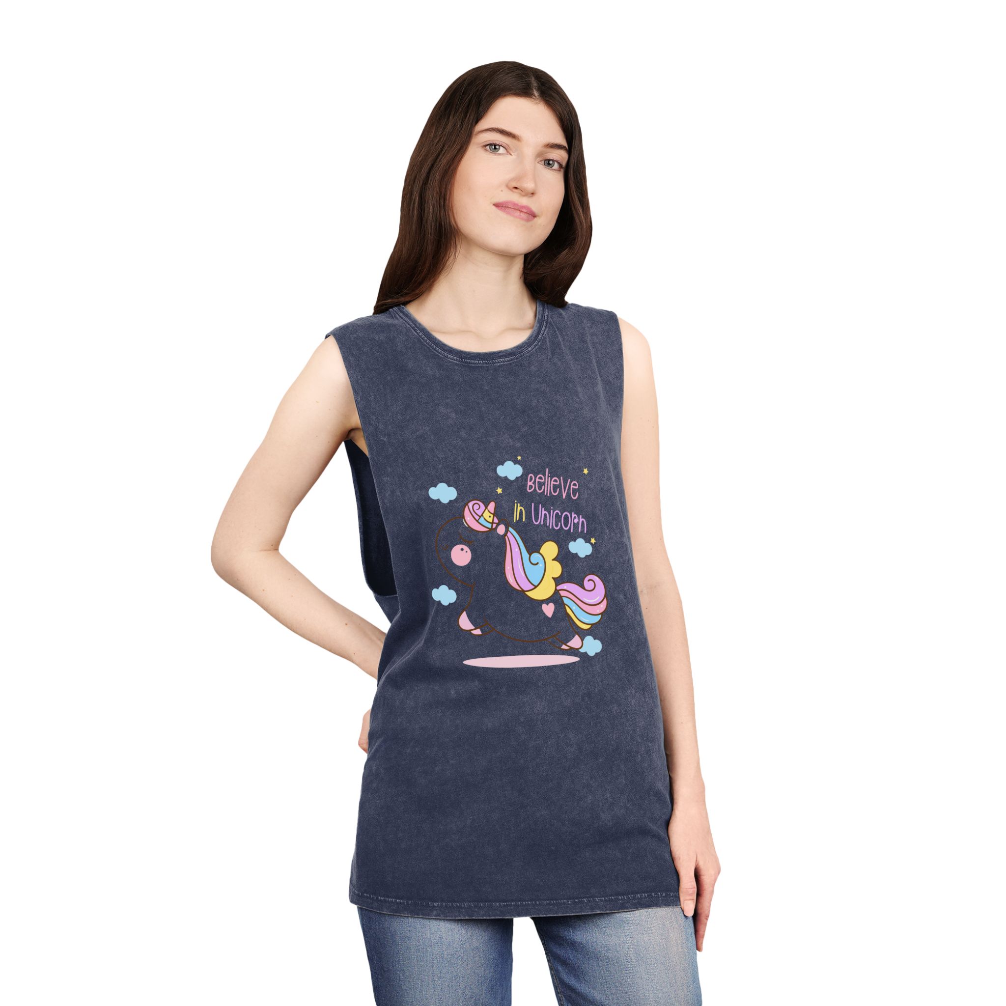 Cute Unicorn Cartoon Jump Air Flat Style Unisex Stonewash Tank Top - Image 16