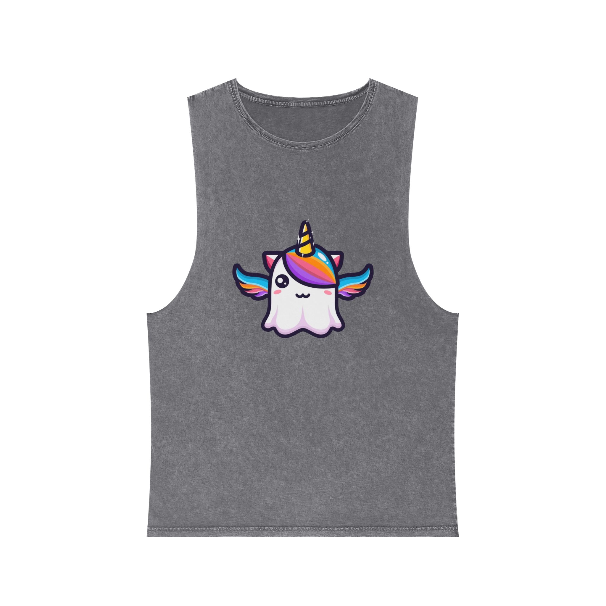 Cute Unicorn Ghost Character Design Unisex Stonewash Tank Top - Image 9