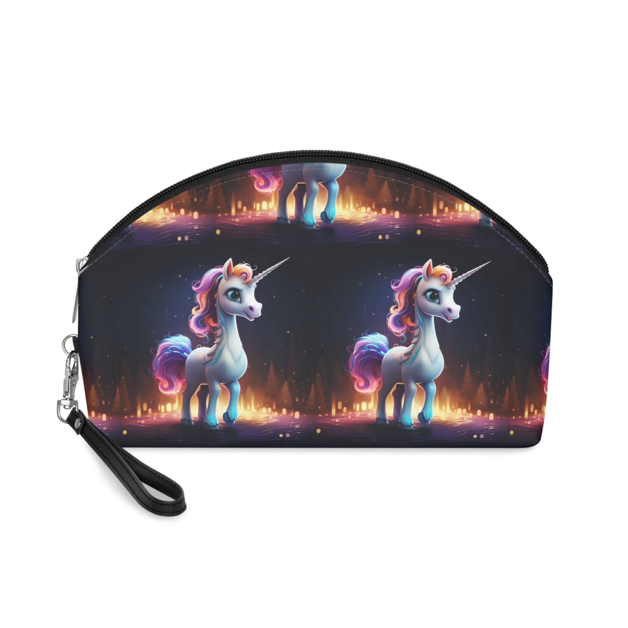 Unicorn Standing Wooden Platform With City Background Generative Ai Makeup Bag