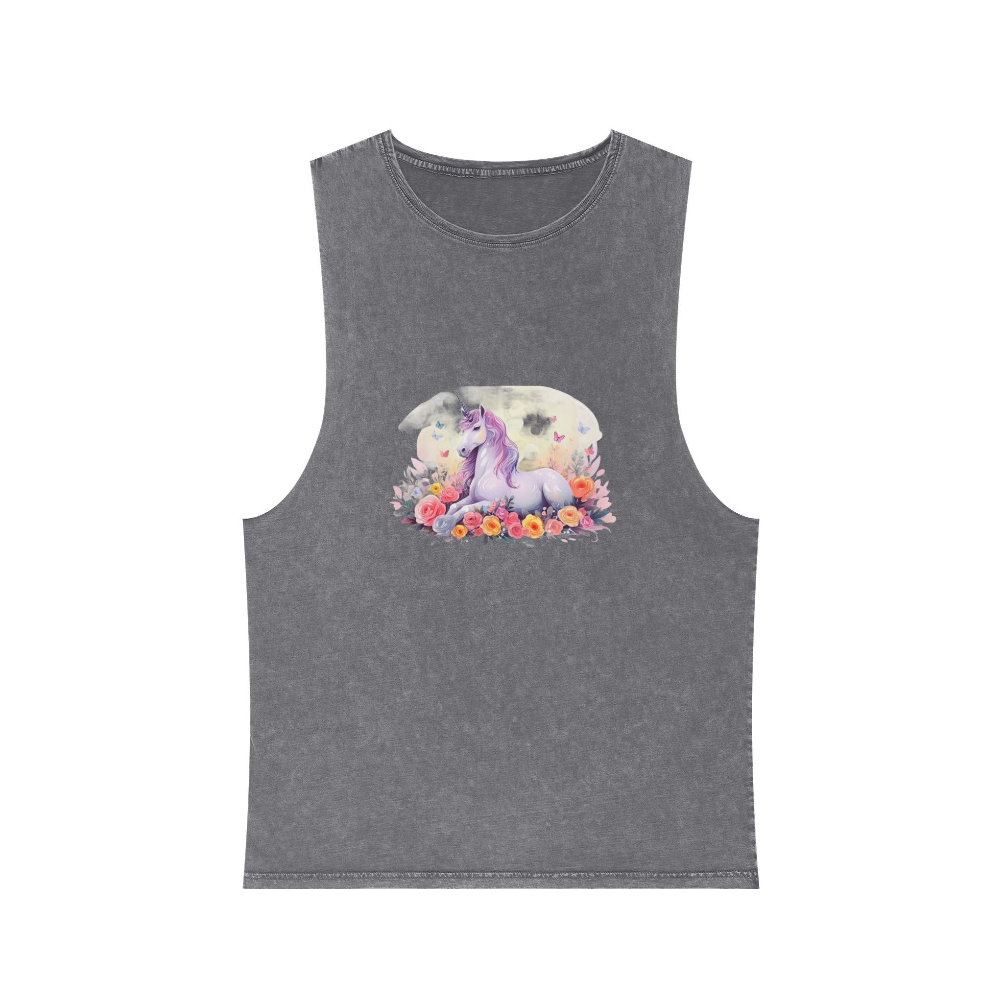 Illustration Little Unicorn Sits With Flowers Unisex Stonewash Tank Top - Image 9