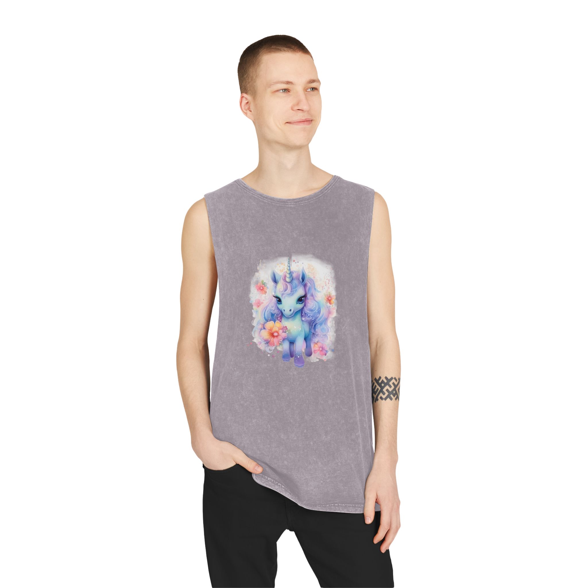 Cute Colorful Magic Unicorn With Flowers Watercolor Style Copia Unisex Stonewash Tank Top - Image 19