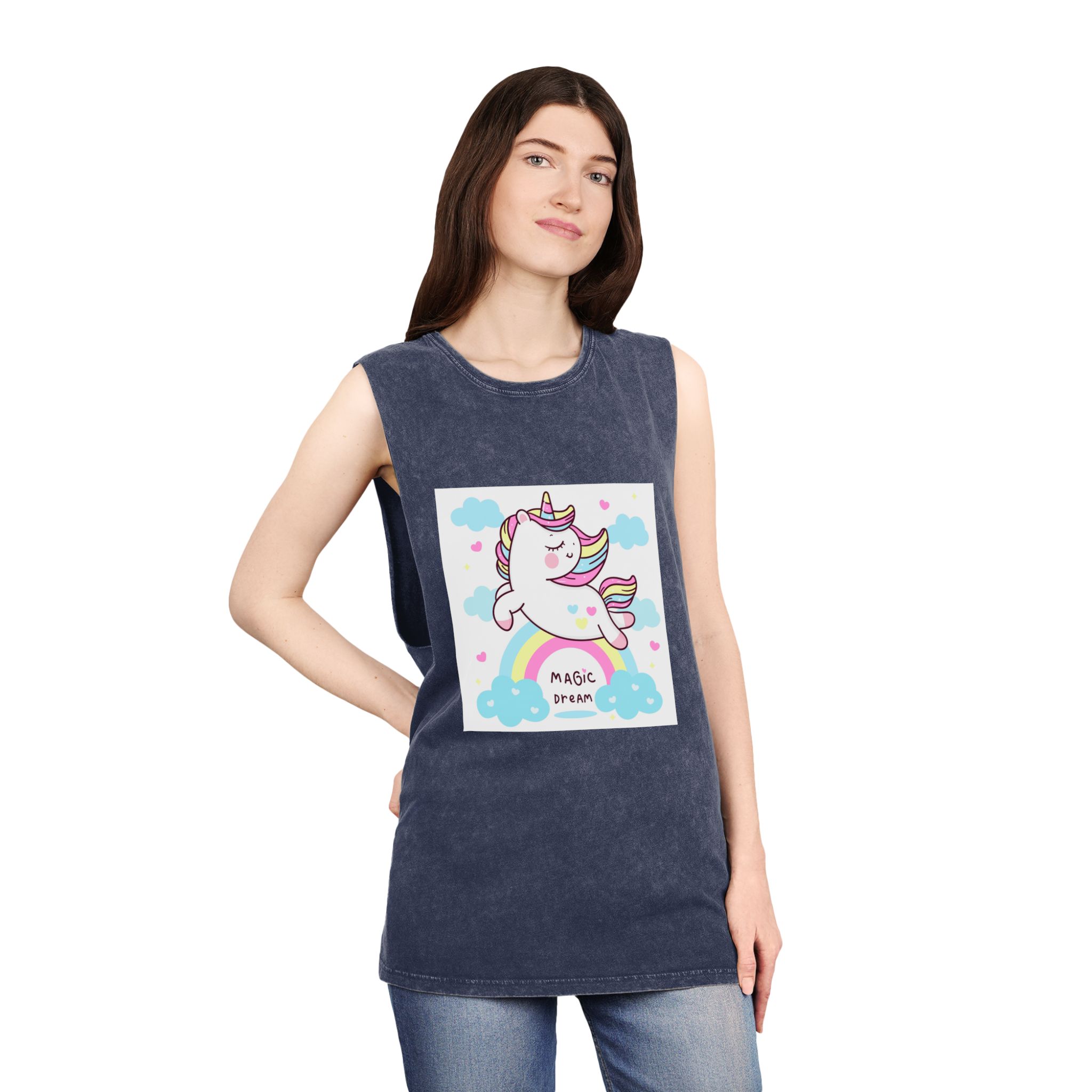 Cute Unicorn Pegasus Vector Fly On Sky With Rainbow Sweet Heart and Cloud Pony Cartoon Pastel Background Valentines Day Unisex Stonewash Tank Top - Image 16