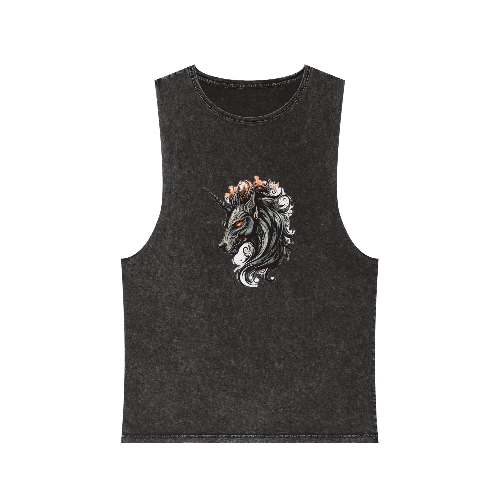 Unicorn Head Tshirt Tattoo Design Dark Art Illustration Isolated White Unisex Stonewash Tank Top
