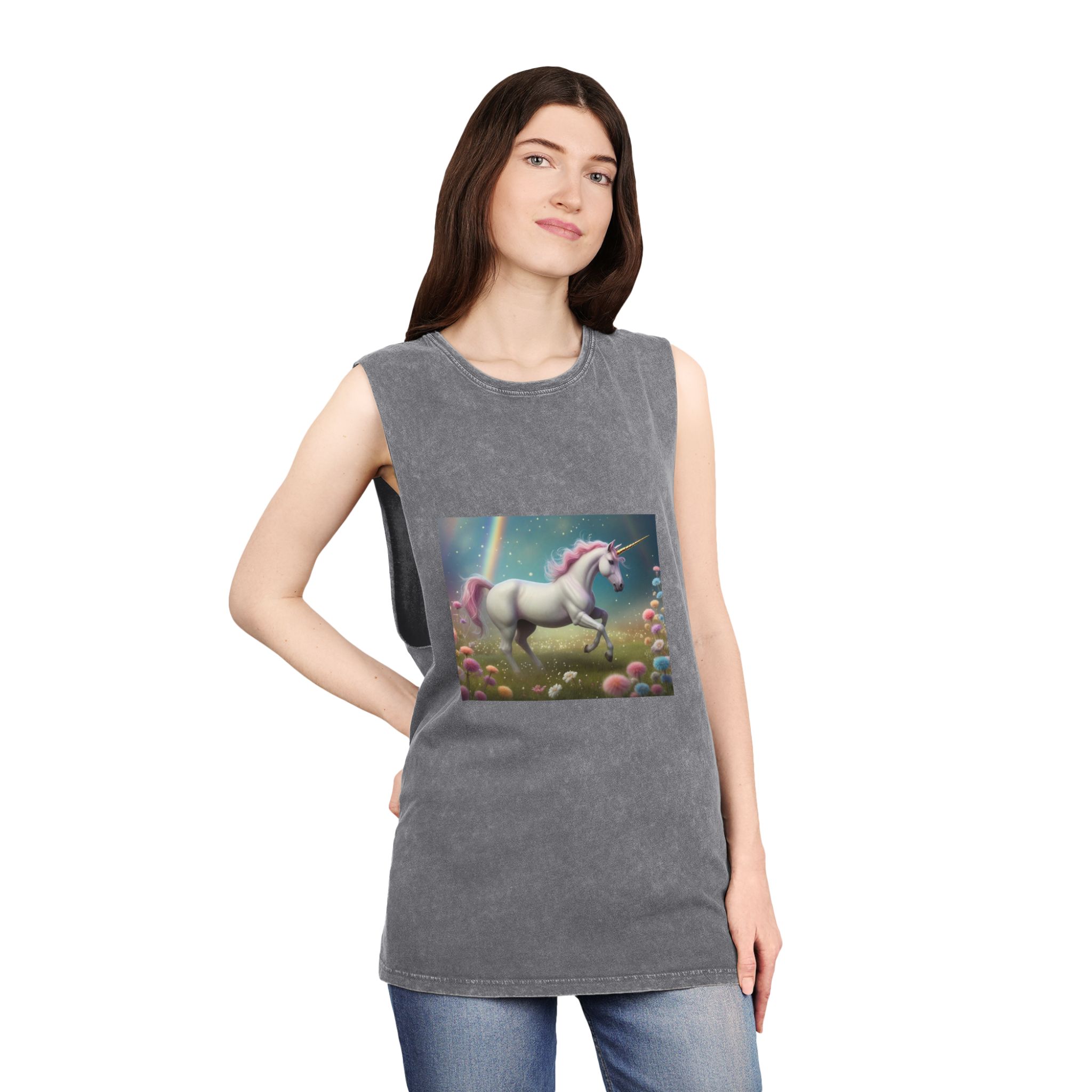 Beautiful Unicorn Running Magical Meadow Unicorn Background Images Whimsical Unicorn (15) Unisex Stonewash Tank Top - Image 12