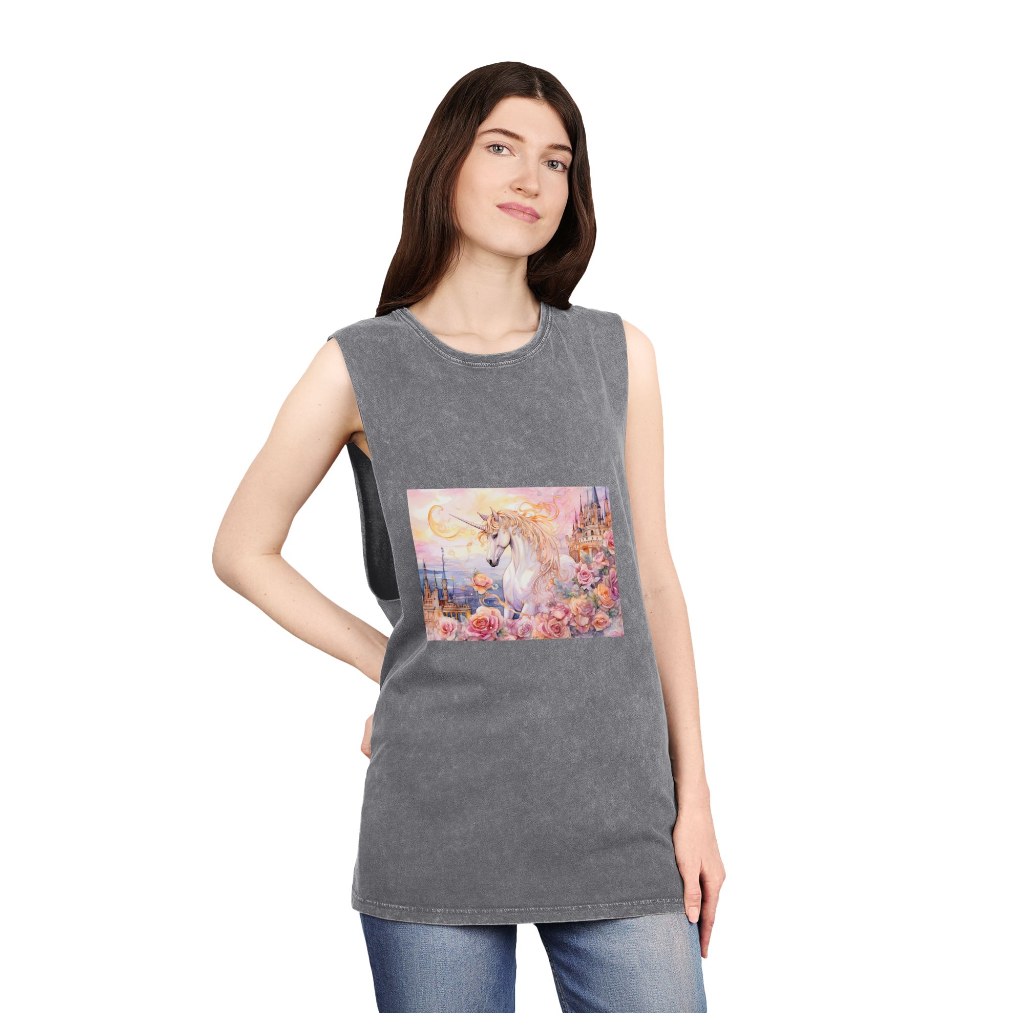 Painting Unicorn Castle With Roses Castle Background Generative Ai Unisex Stonewash Tank Top - Image 12