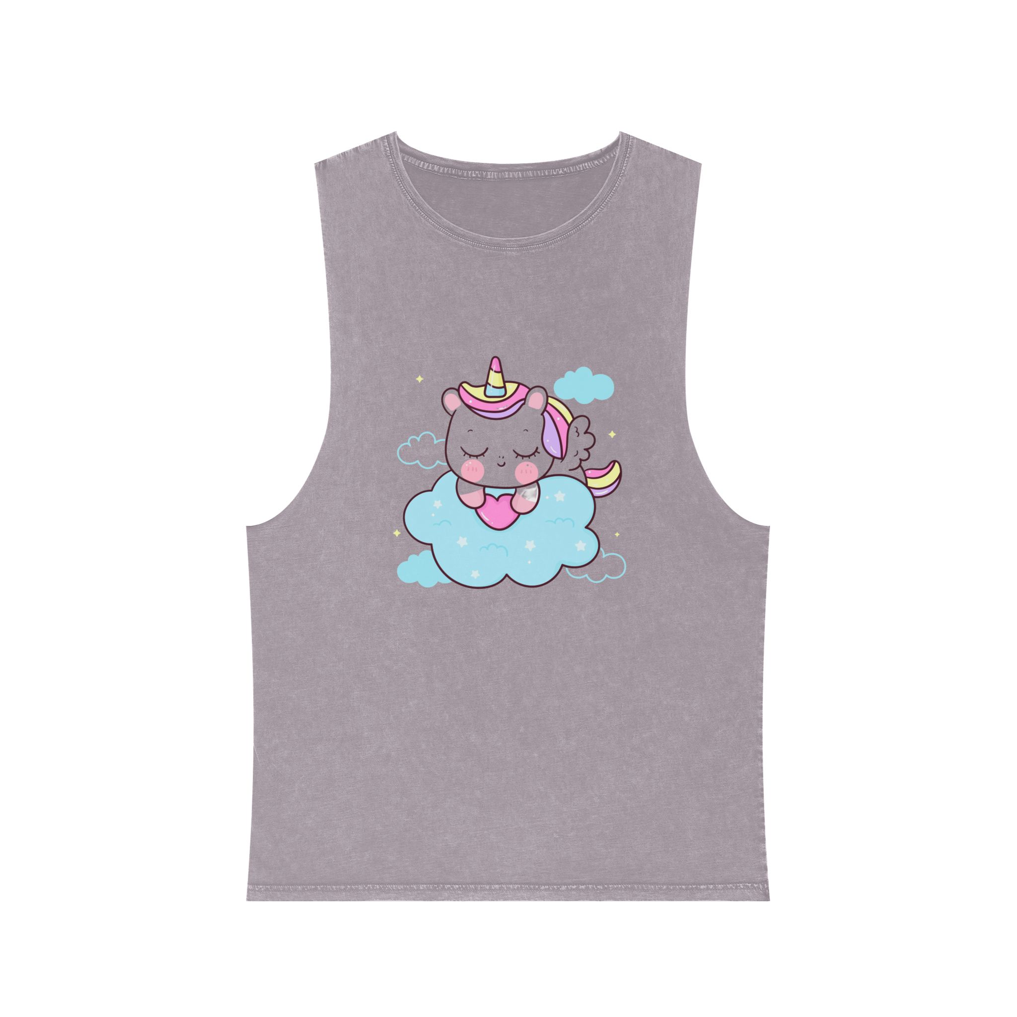 Cute Unicorn Pegasus Cartoon Sleep Holding Heart Cloud Kawaii Animal Unisex Stonewash Tank Top - Image 17