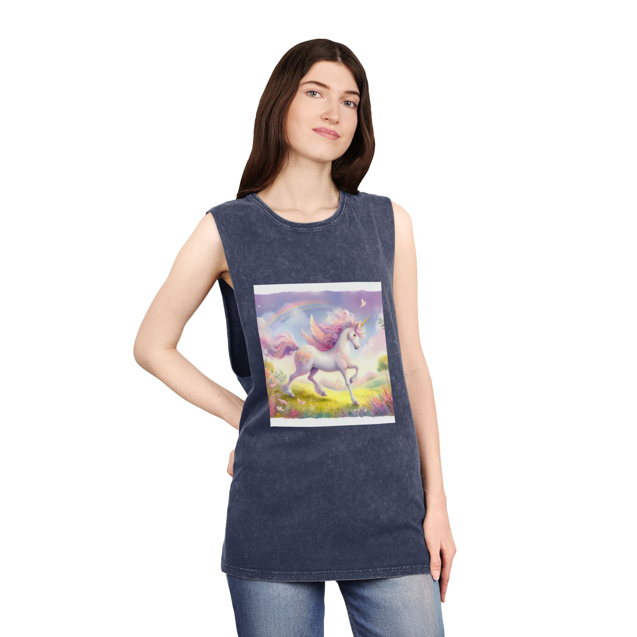 Beautiful Unicorn Running Magical Meadow Unicorn Background Images Whimsical Unicorn (10) Unisex Stonewash Tank Top - Image 16