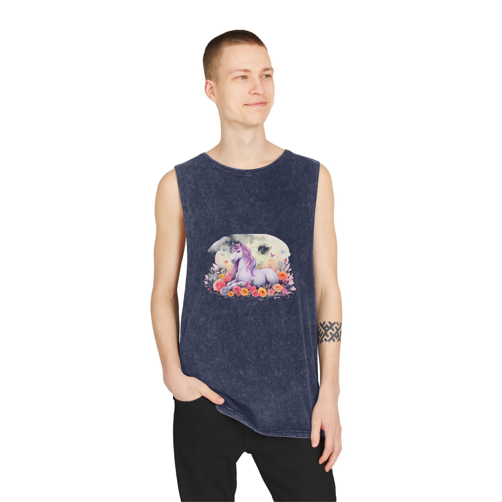 Illustration Little Unicorn Sits With Flowers Unisex Stonewash Tank Top - Image 15