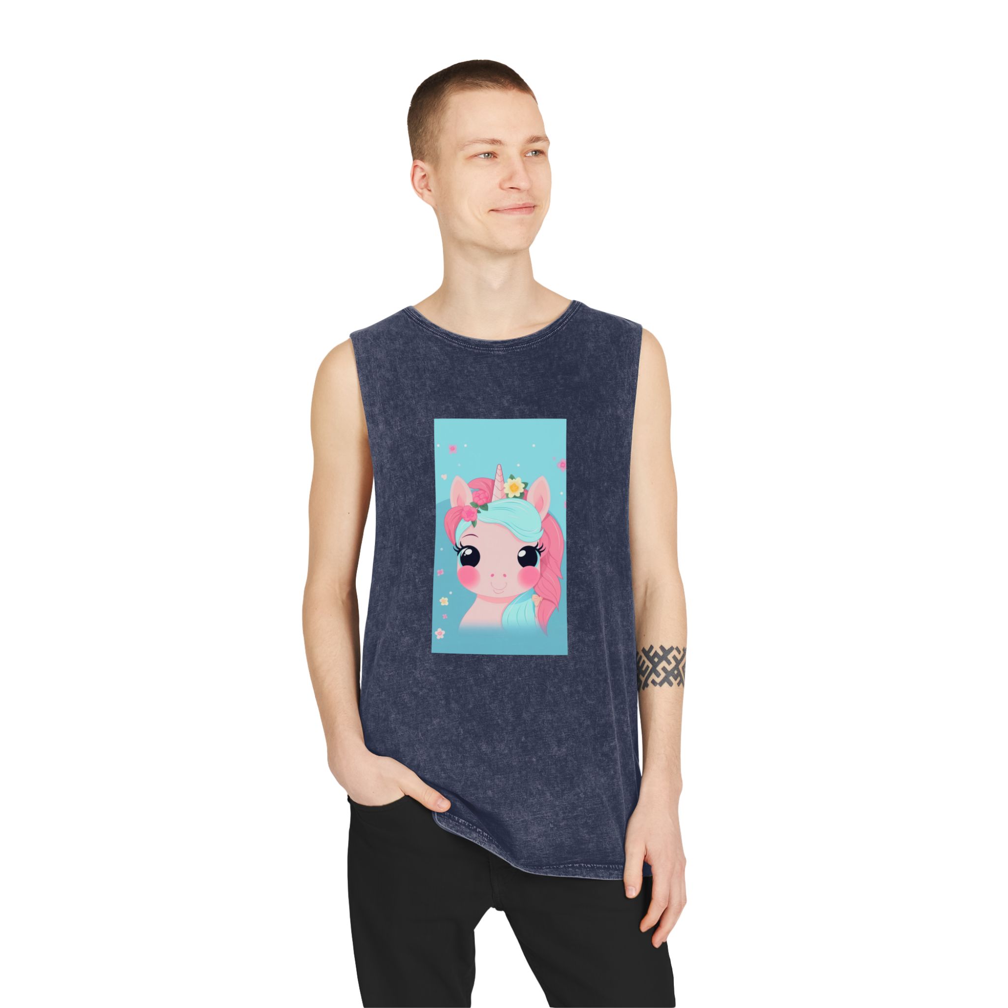 Close Up Cartoon Unicorn With Flower Crown Her Head Generative Ai Unisex Stonewash Tank Top - Image 15