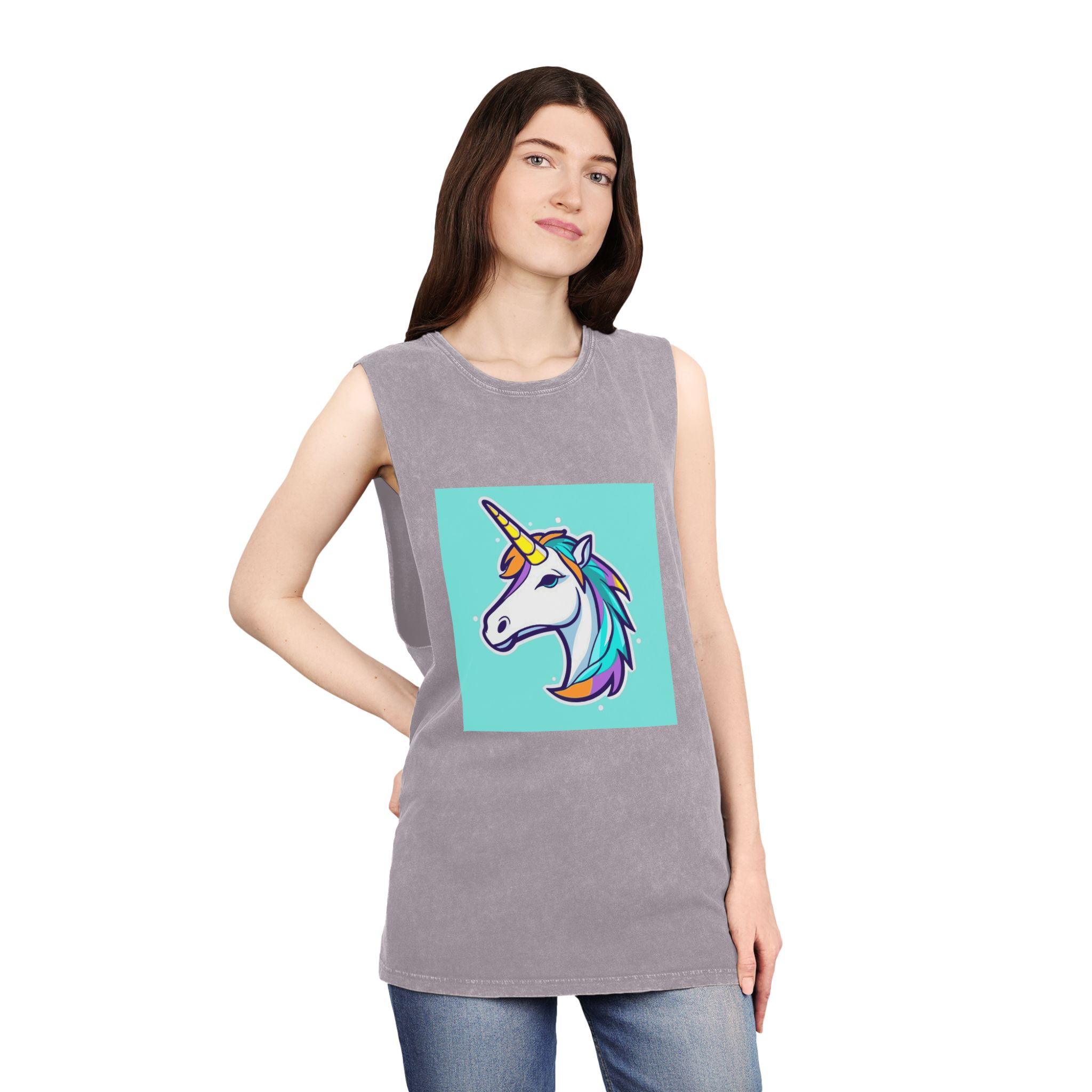 Cartoon Unicorn Head Vector With Maximum 16 Colors I 3 Unisex Stonewash Tank Top - Image 20