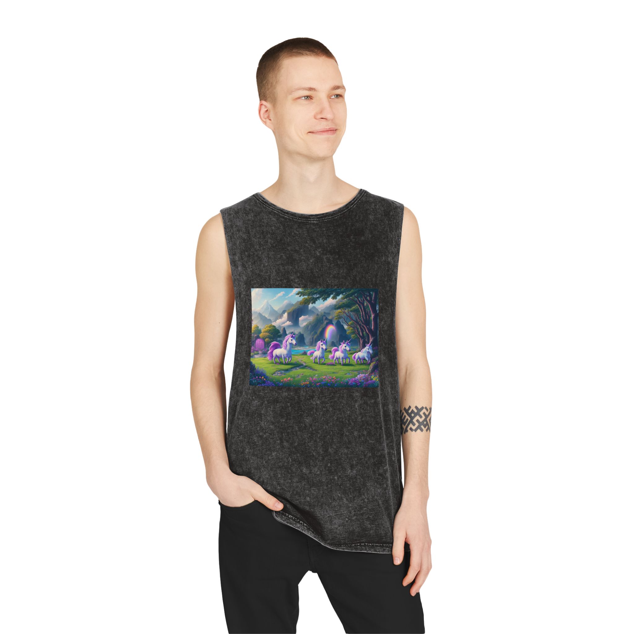 Painting Group Unicorns Landscape With Mountains Background Unisex Stonewash Tank Top - Image 3