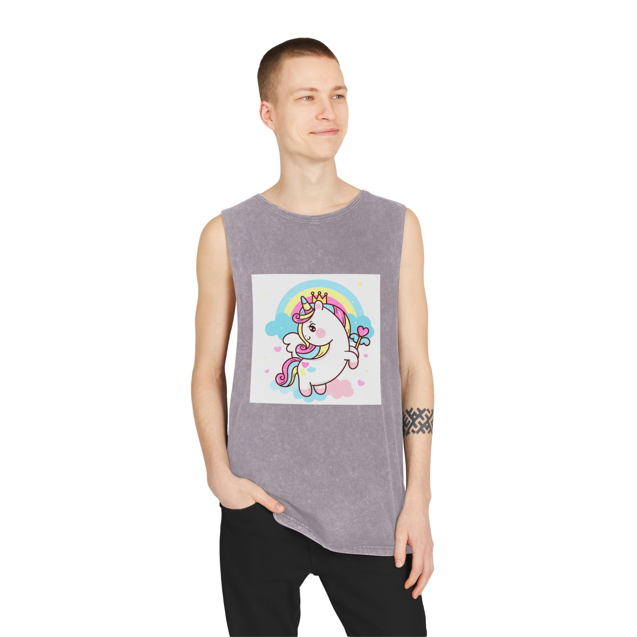 Cute Unicorn Vector Princess Pegasus Holding Heart Magic Wand On Pastel Sky With Sweet Cloud and Heart Pony Cartoon Kawaii Animals Background Unisex Stonewash Tank Top - Image 19