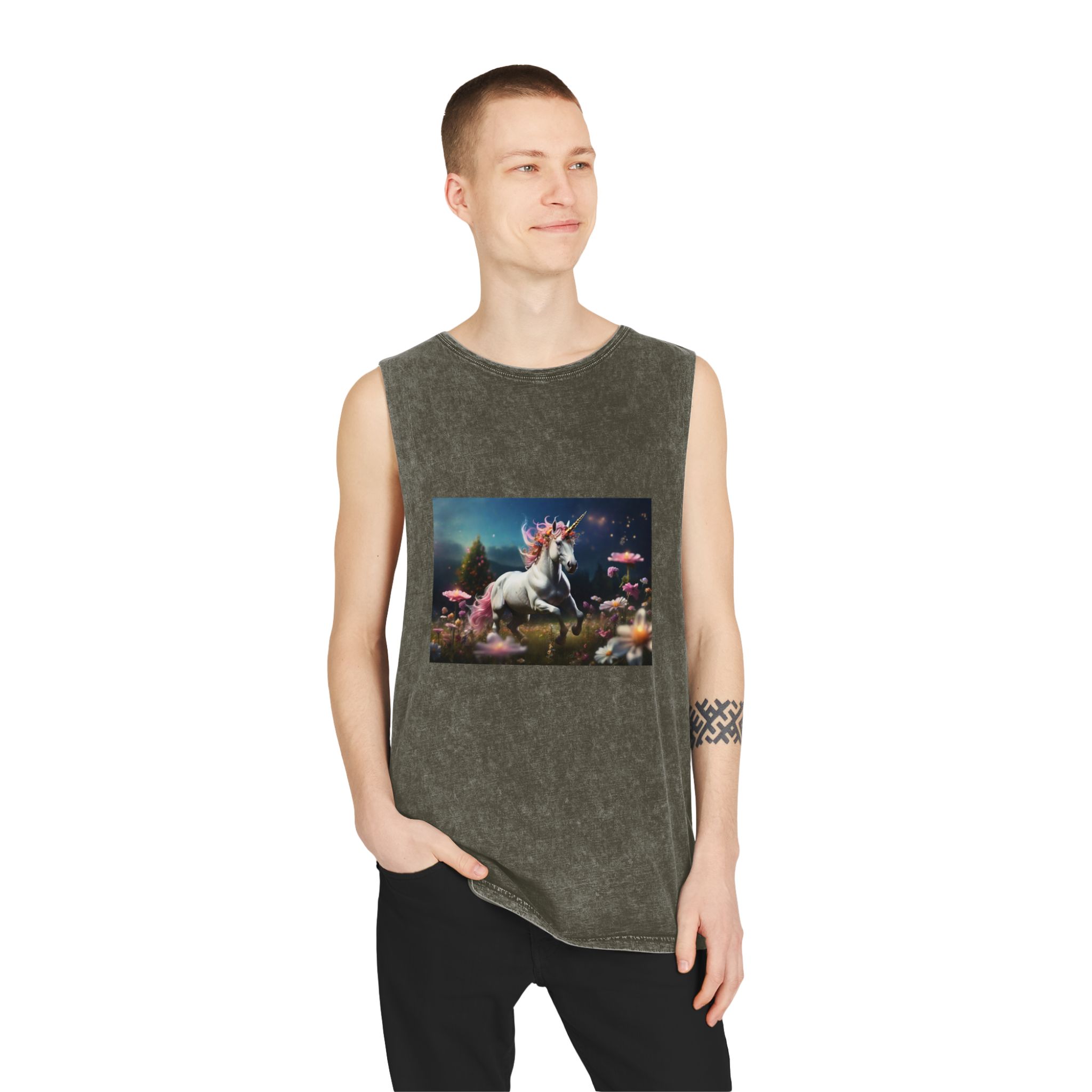 Beautiful Unicorn Running Magical Meadow Unicorn Background Images Whimsical Unicorn (23) Unisex Stonewash Tank Top - Image 7