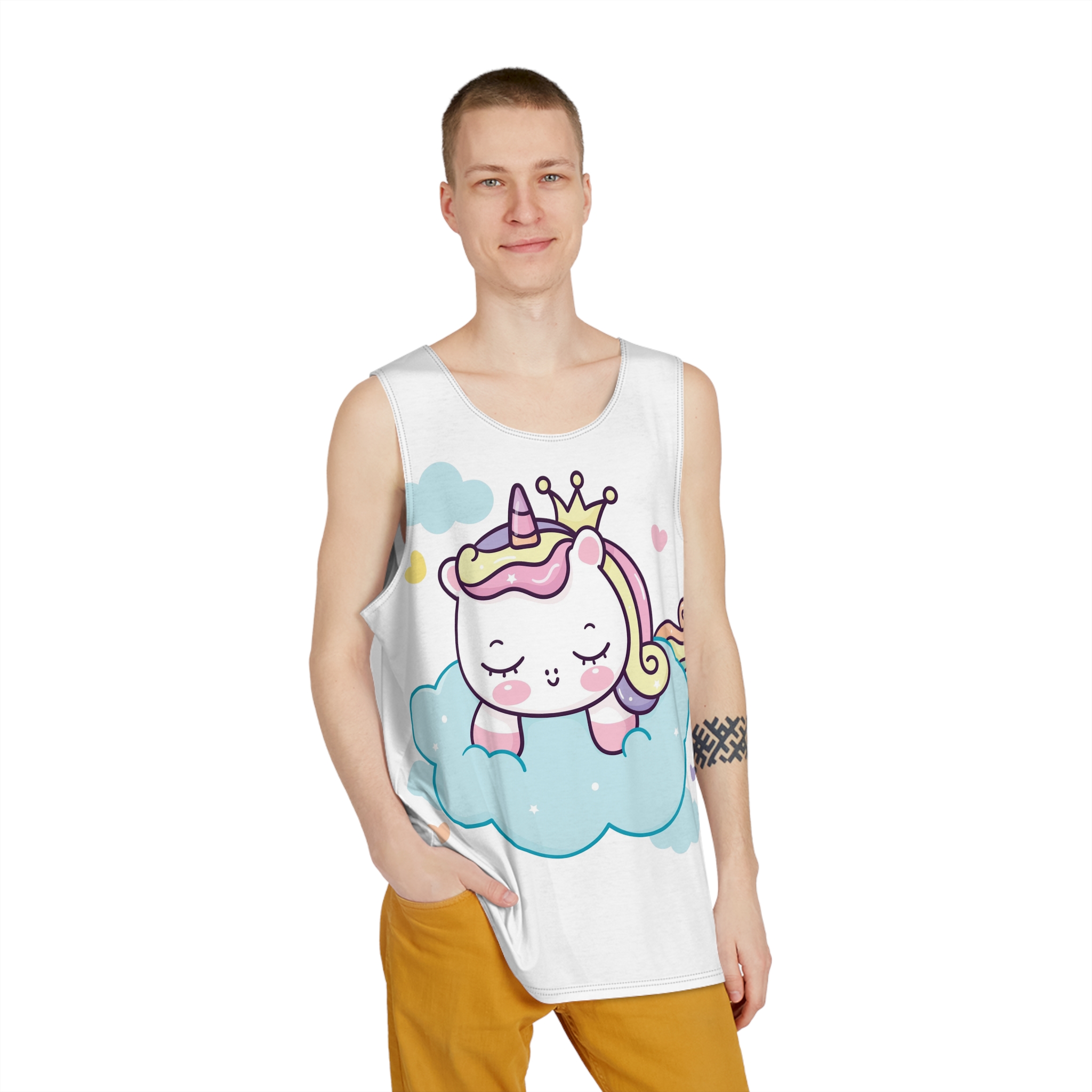 Cute Unicorn Princess Cartoon Sleep Cloud Kawaii Clipart Mens Tank Aop - Image 3