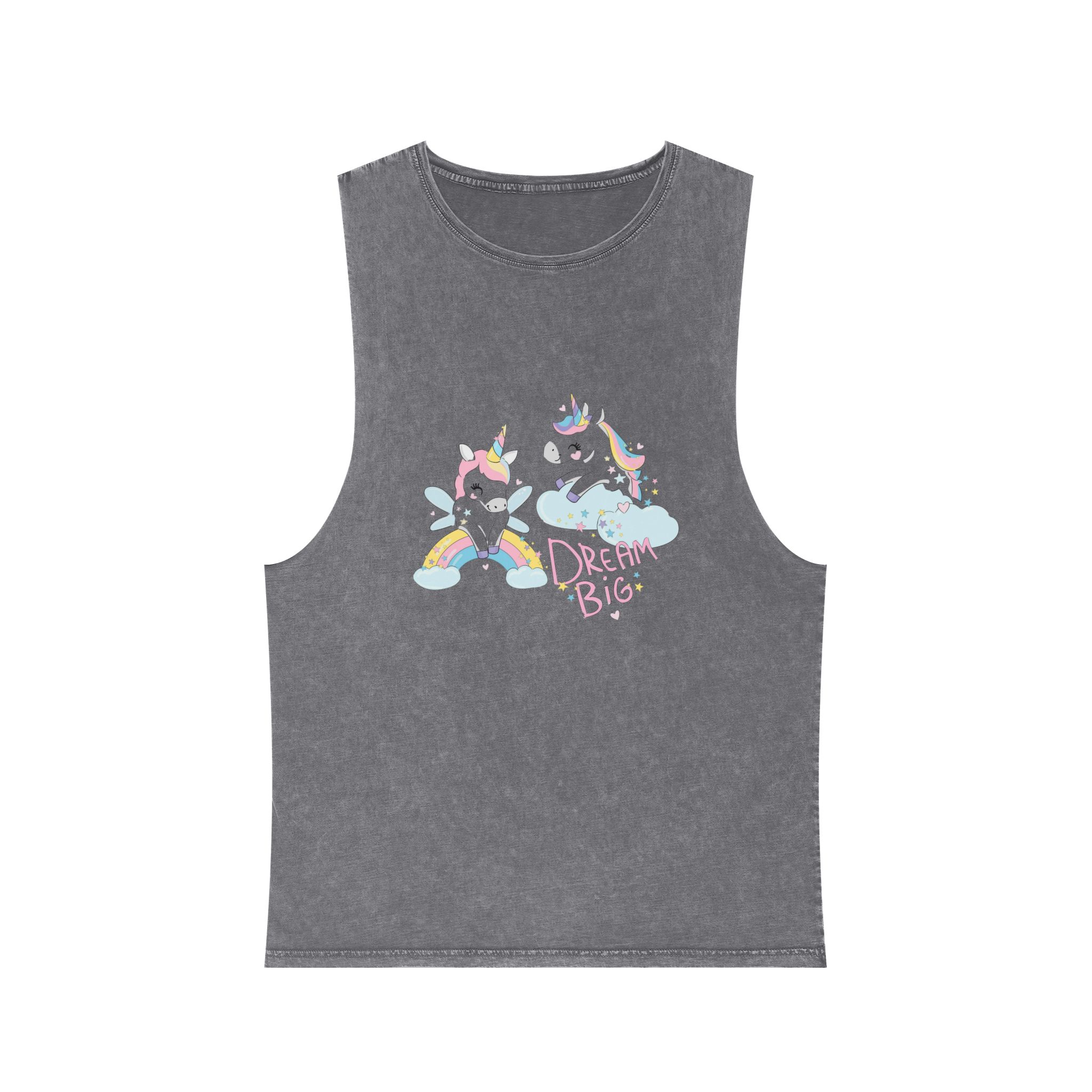 Cute Funny Unicorns Rainbow Beautiful Trend Baby Print Vector Illustration Dream Big Letters Unisex Stonewash Tank Top - Image 9