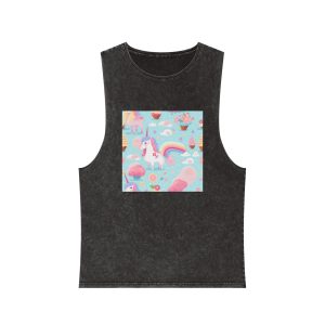 Playful Unicorns Among Flowers Clouds Rainbows Ice Creams Pastel Background (1) Unisex Stonewash Tank Top