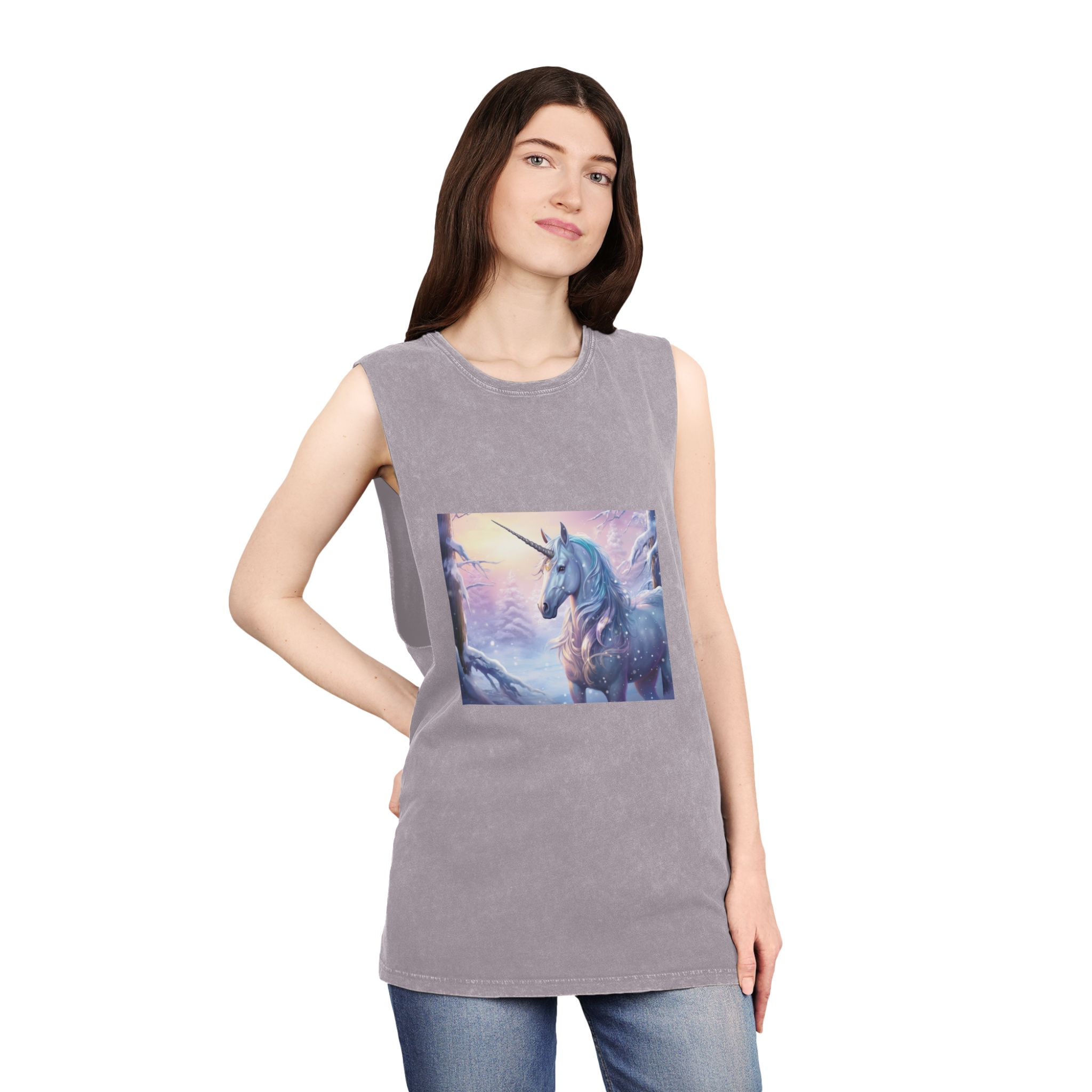 Unicorn Snow With Pink Sky Background Generative Ai Unisex Stonewash Tank Top - Image 20