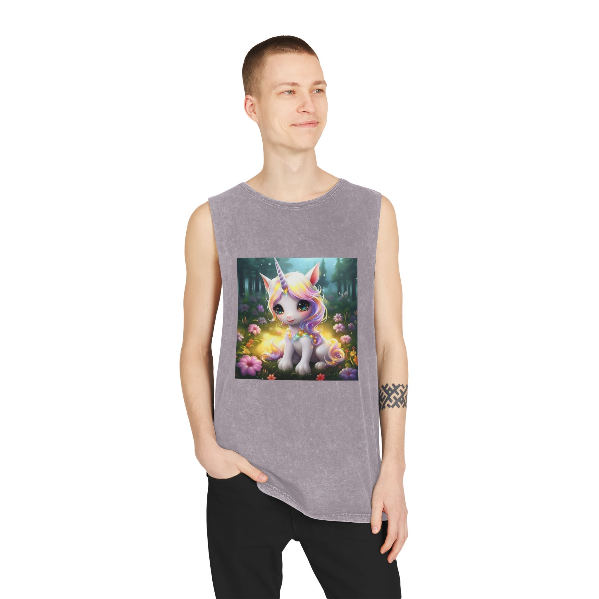 Unicorn Sitting Grass With Flowers Trees Background Generative Ai Unisex Stonewash Tank Top - Image 19