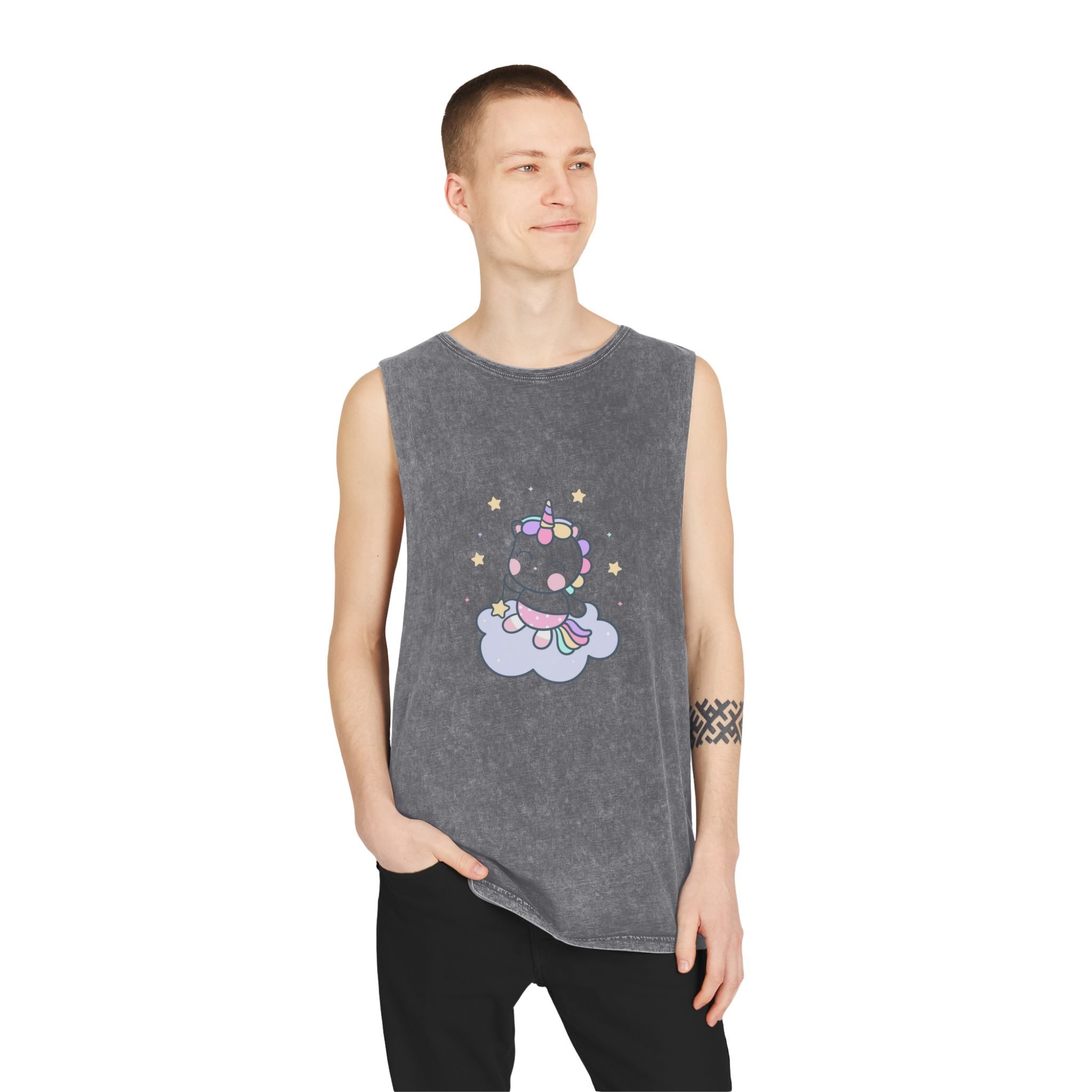 Hand Drawn Kawaii Unicorn Vector Cloud Unisex Stonewash Tank Top - Image 11