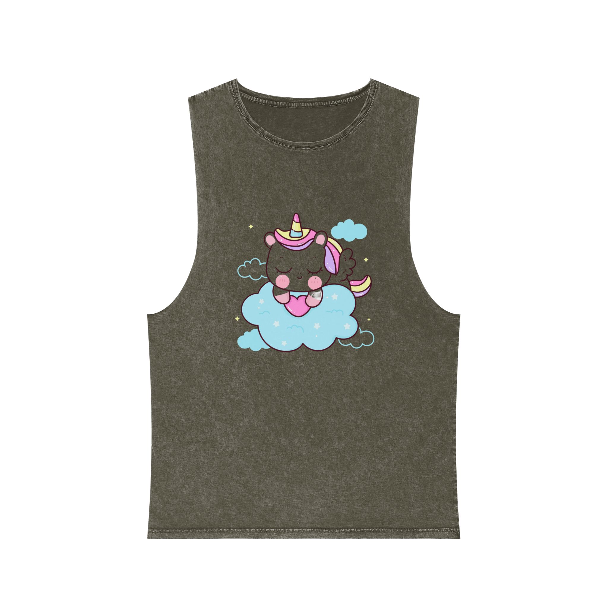 Cute Unicorn Pegasus Cartoon Sleep Holding Heart Cloud Kawaii Animal Unisex Stonewash Tank Top - Image 5