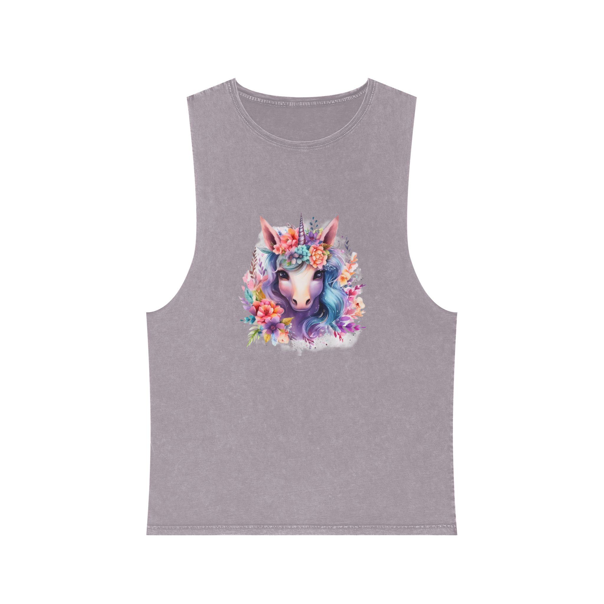 Cute Colorful Magic Unicorn With Flowers Watercolor Style (5) Unisex Stonewash Tank Top - Image 17