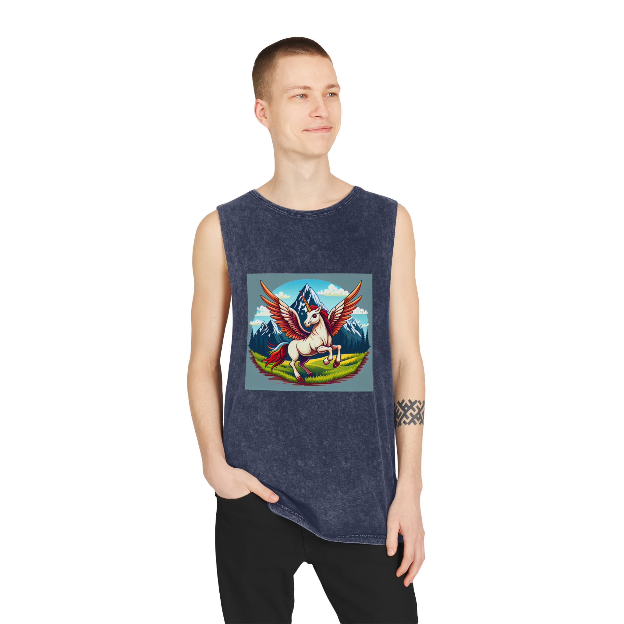 Cartoon Unicorn With Rainbow Wings Top Mountain Background Generative Ai Unisex Stonewash Tank Top - Image 15
